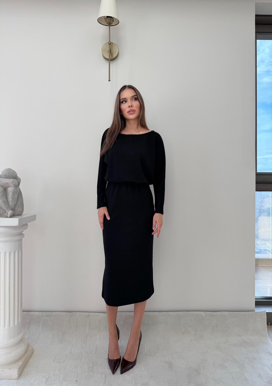 Kayık Yaka Bel Drapeli Modal Uzun Elbise Siyah