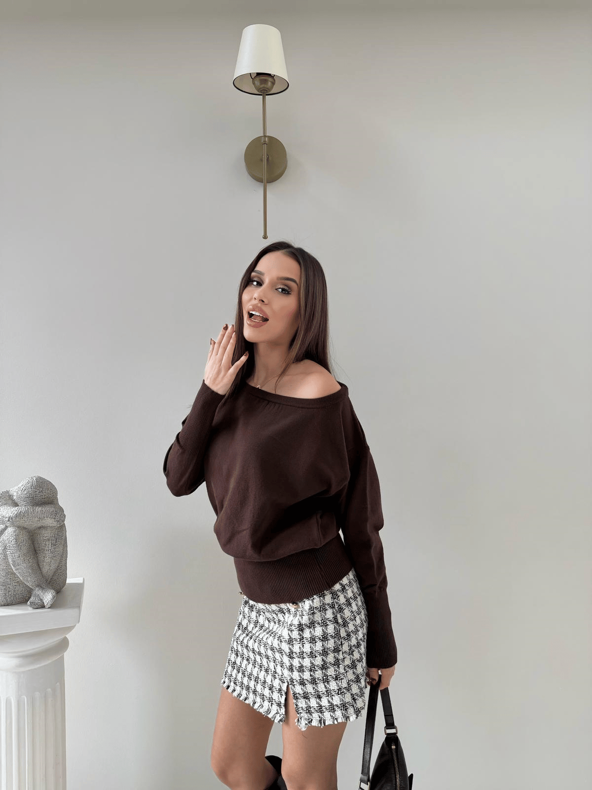 KAYIK YAKA TRİKO BLUZ ACI KAHVE