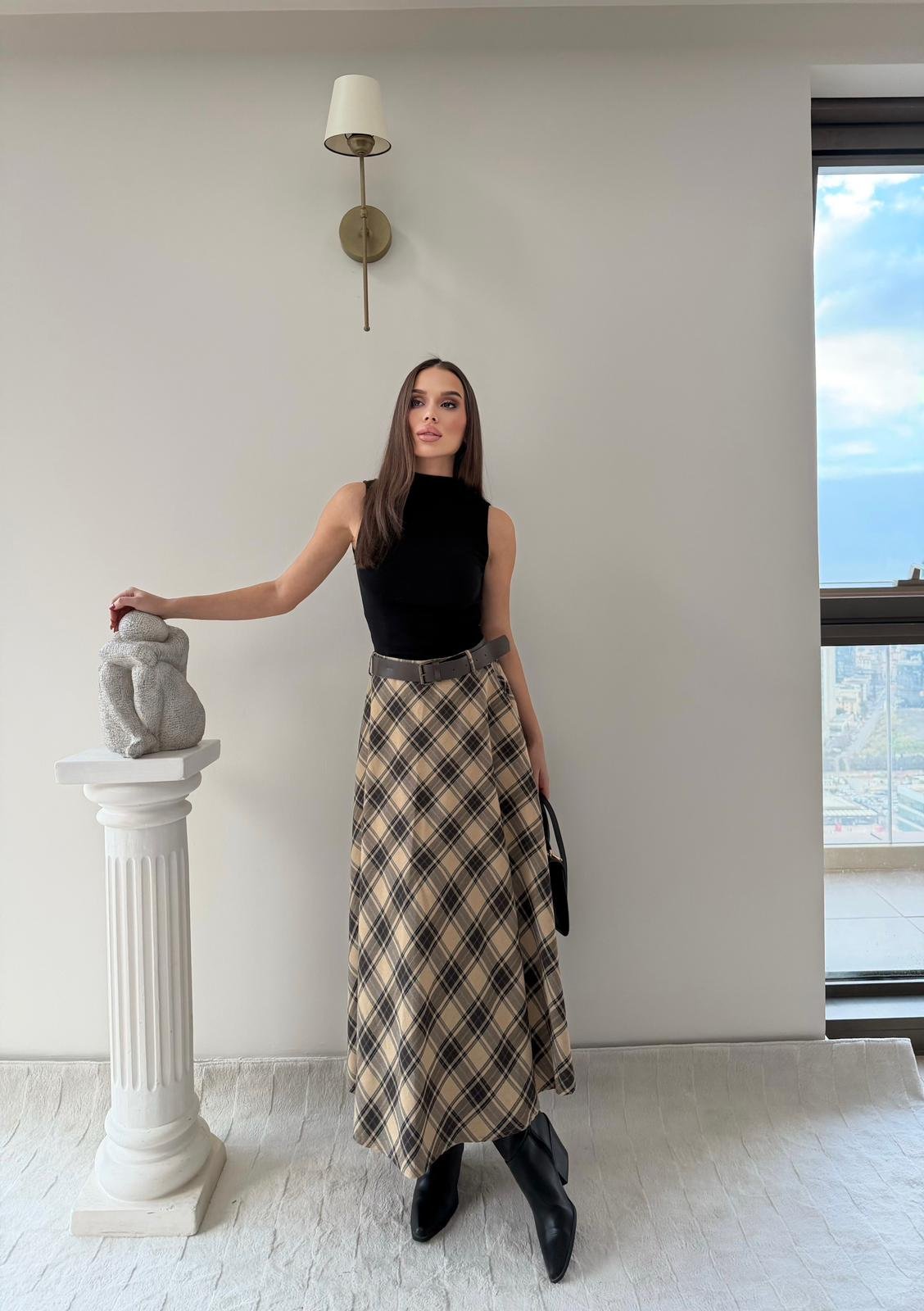 Kemer Detay Ekose Desen Etek Bej