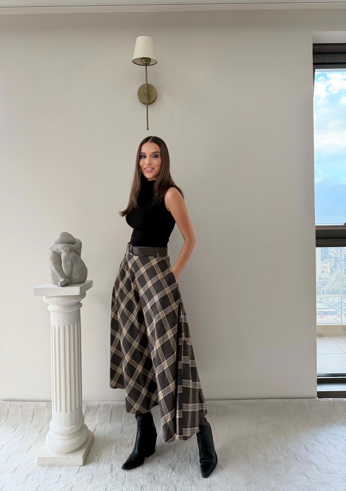 Kemer Detay Ekose Desen Etek Kahve