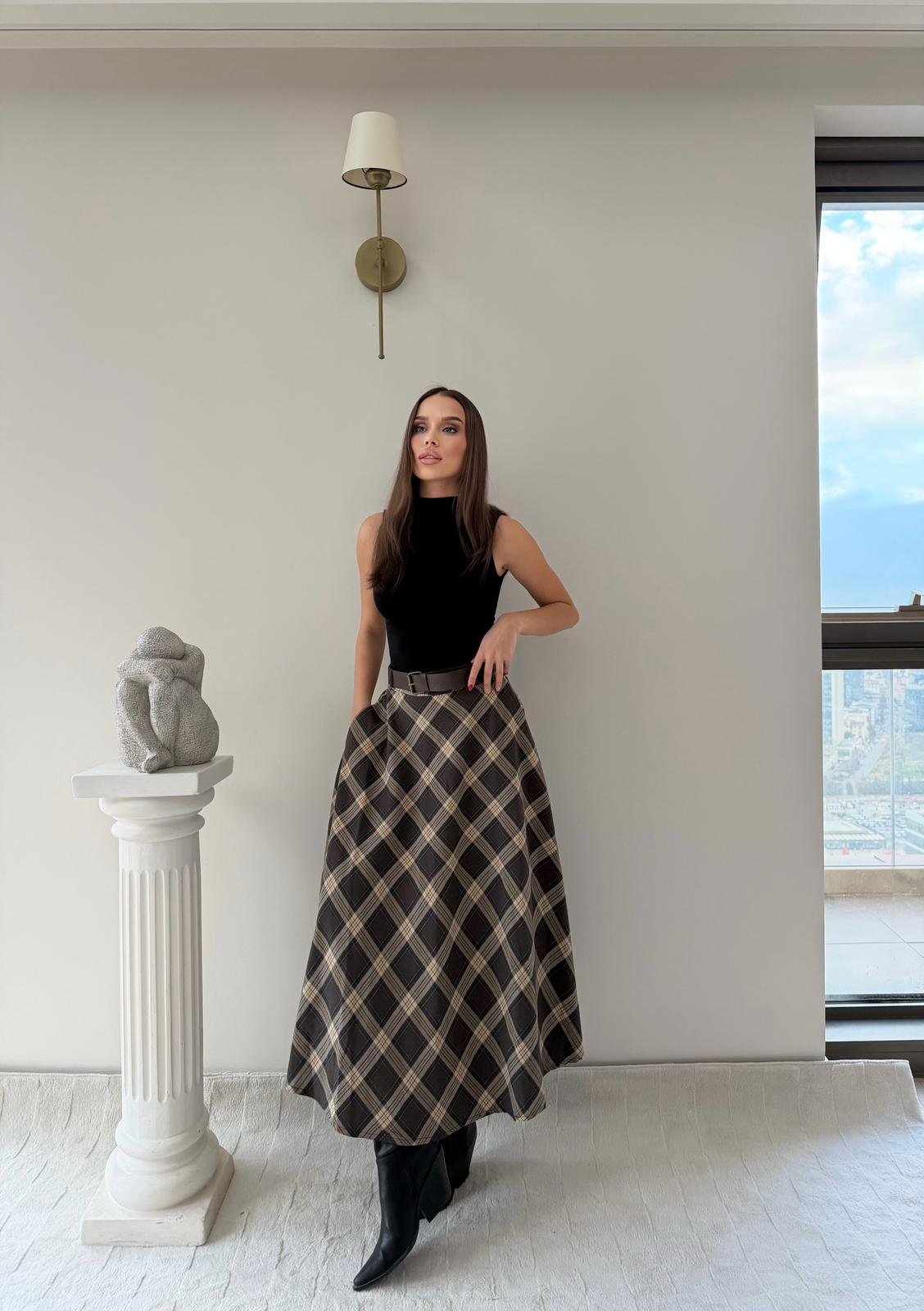 Kemer Detay Ekose Desen Etek Kahve