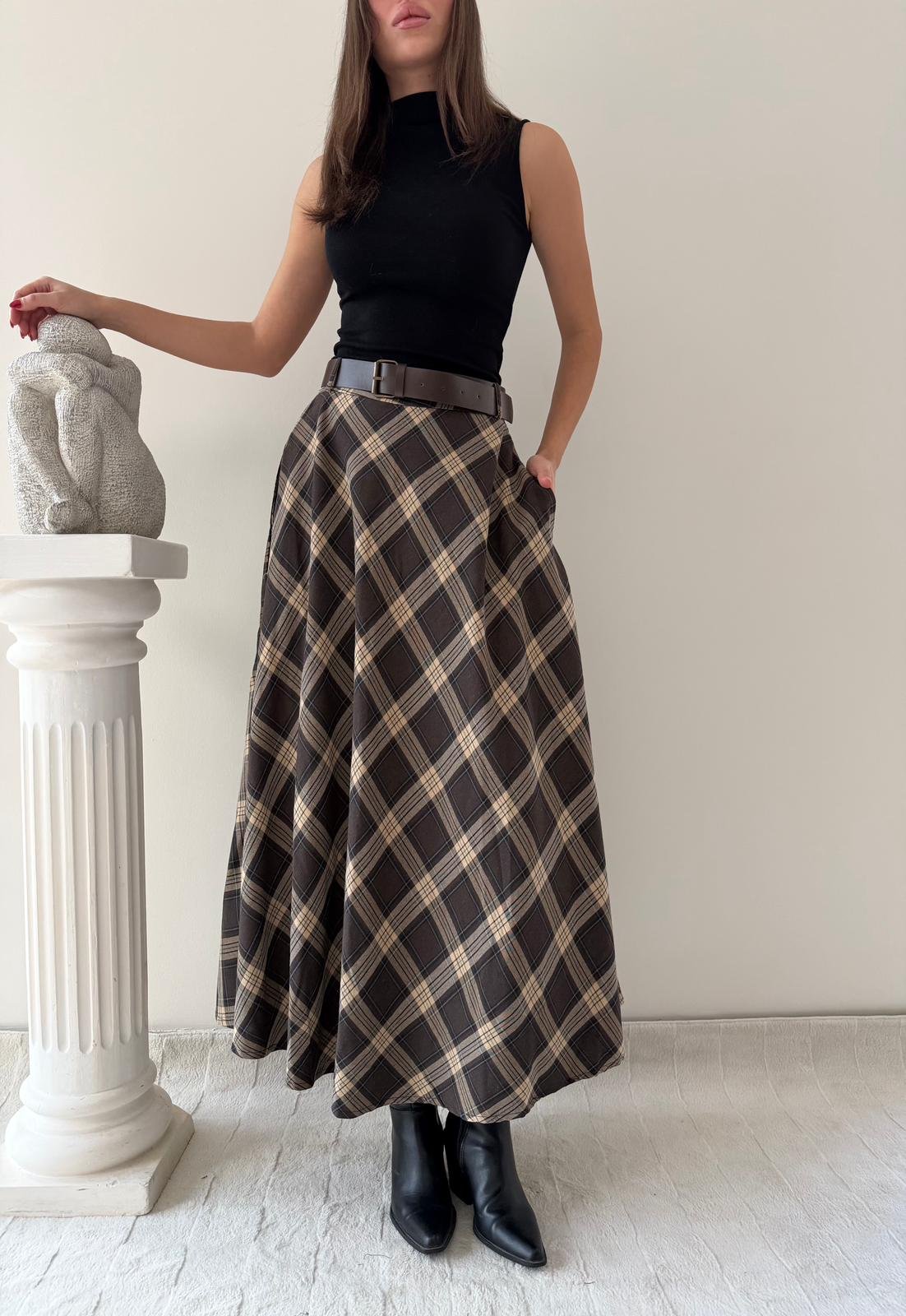 Kemer Detay Ekose Desen Etek Kahve