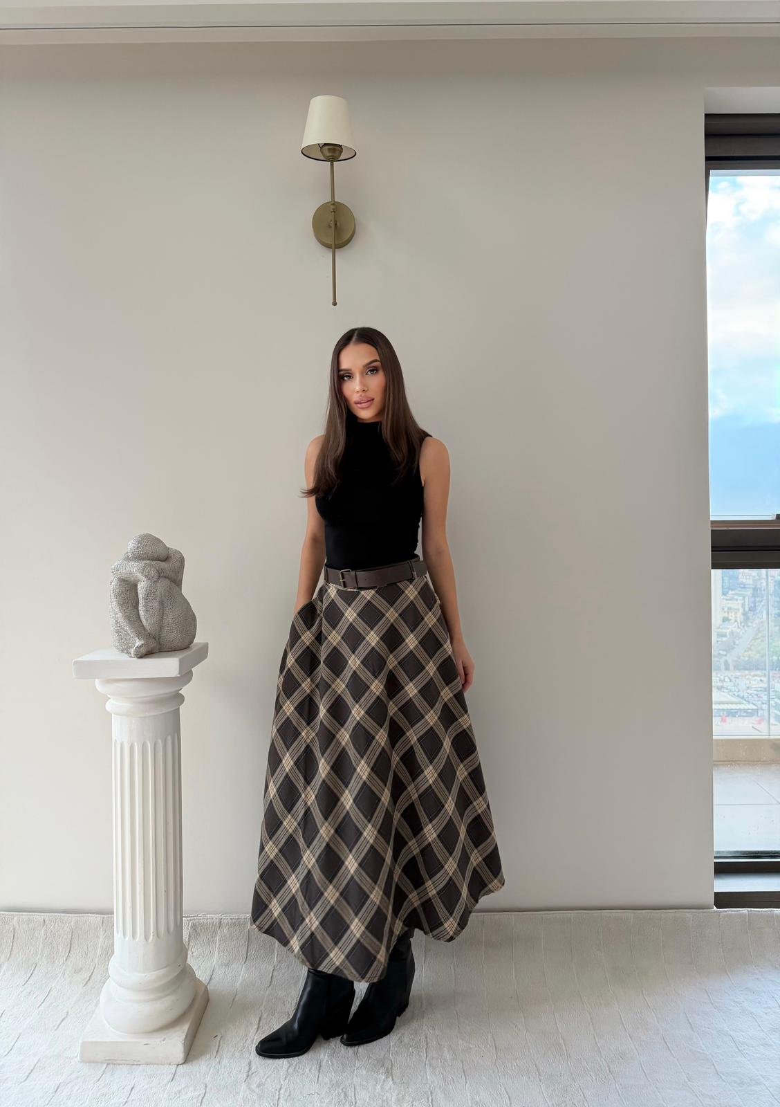 Kemer Detay Ekose Desen Etek Kahve