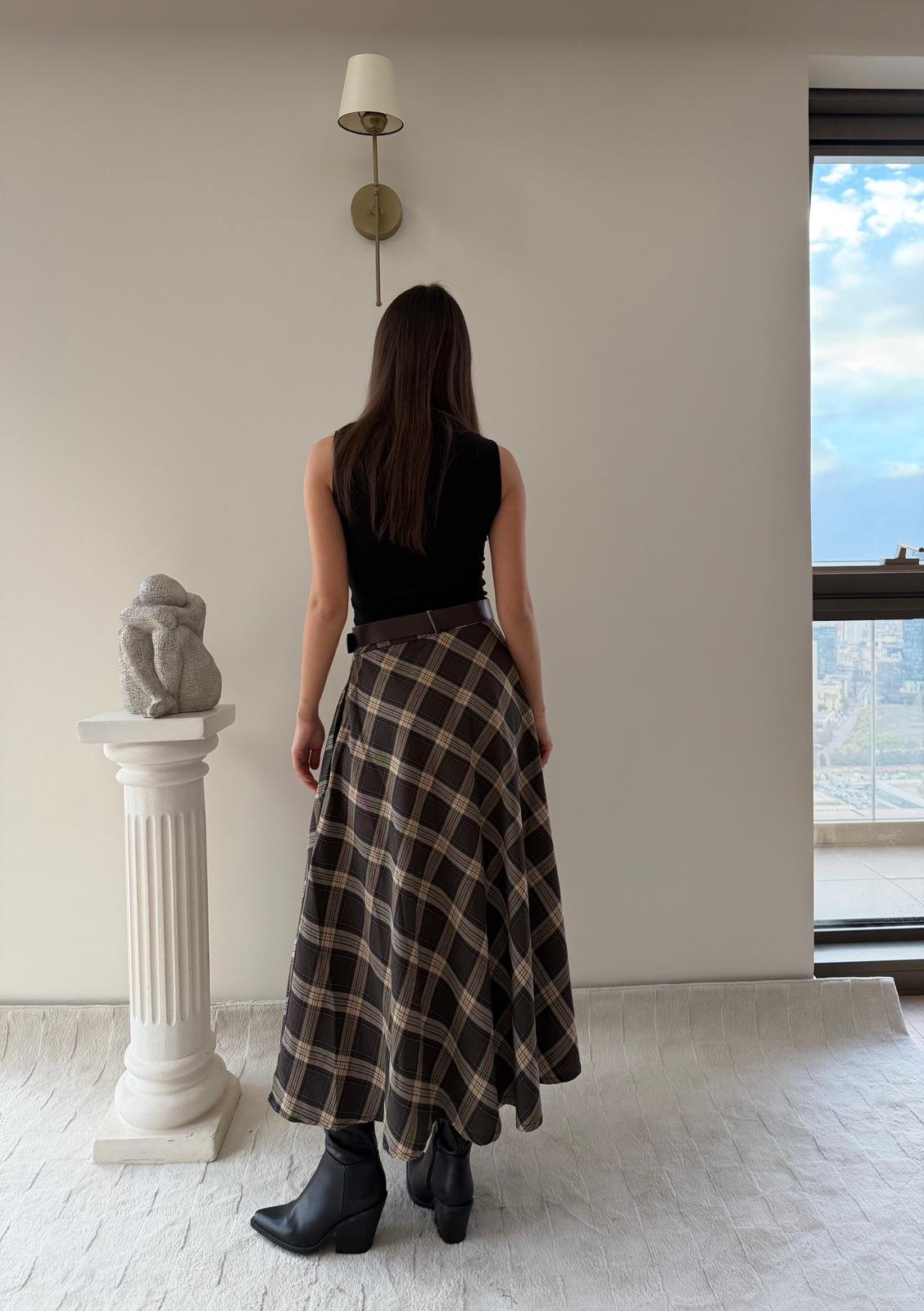 Kemer Detay Ekose Desen Etek Kahve