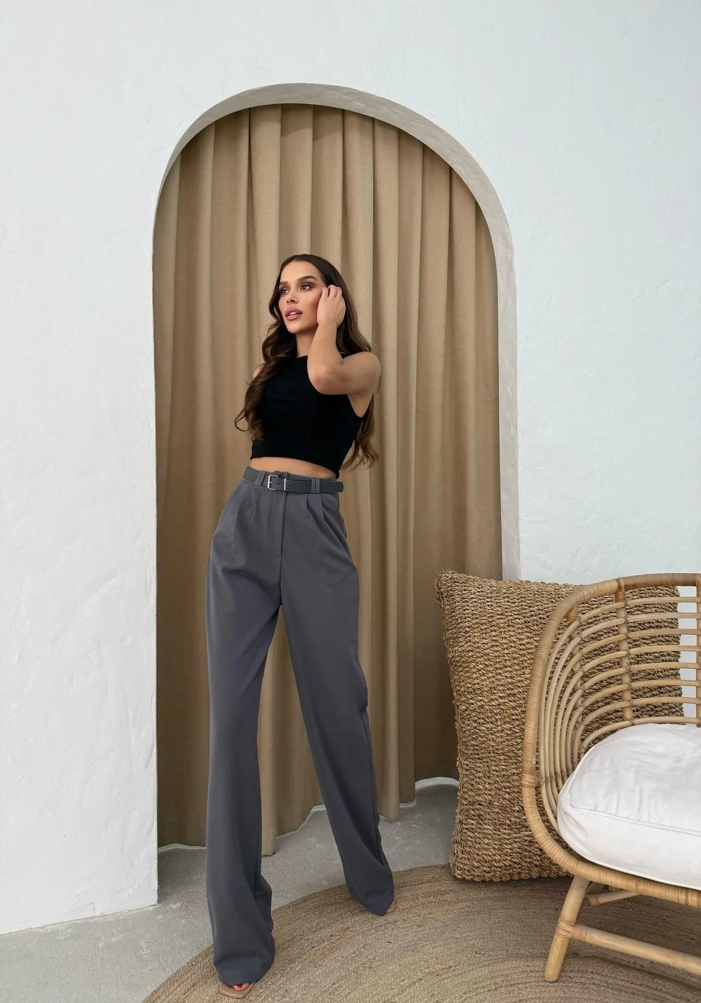 KEMERLİ PALAZZO CREP KUMAŞ PANTOLON GRİ