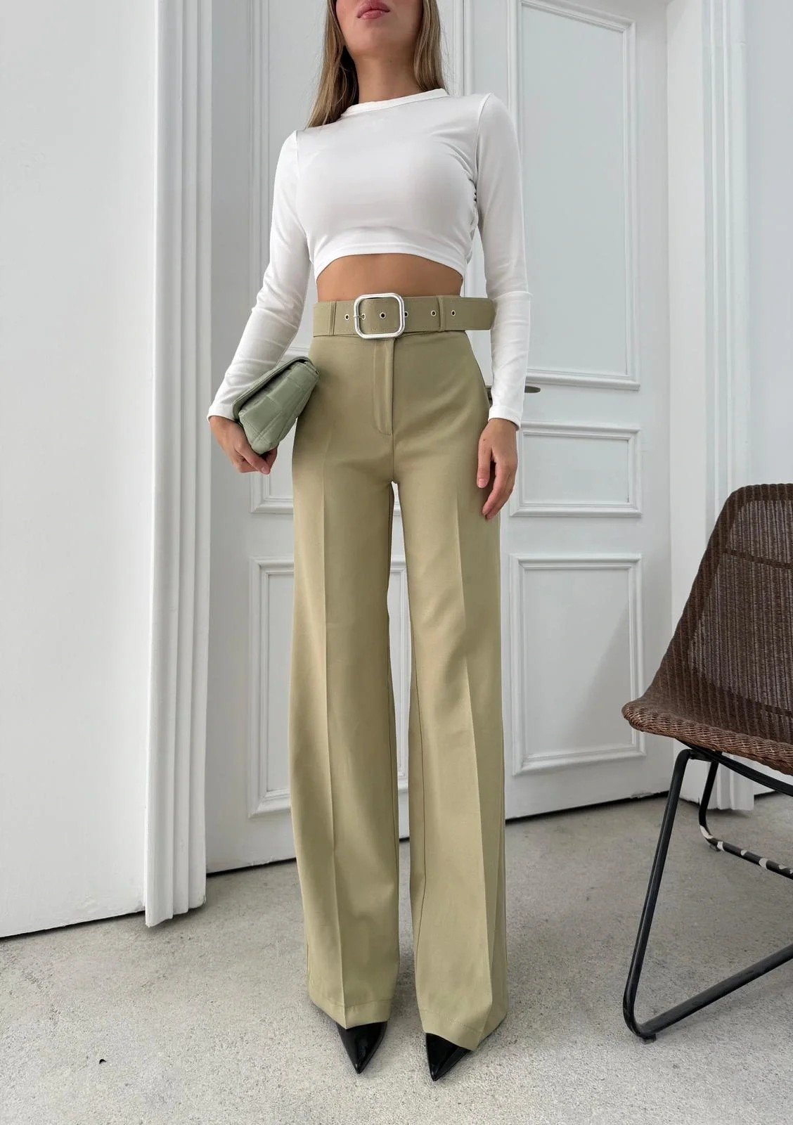 KEMERLİ YÜKSEK BEL İSPANYOL PAÇA DOUBLE KUMAŞ PANTOLON YEŞİL