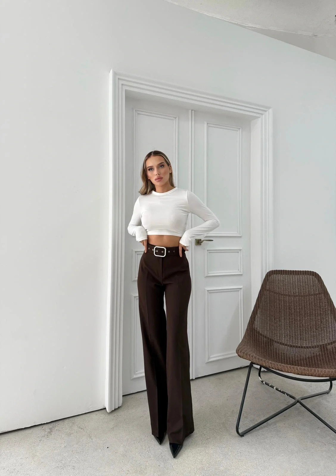 KEMERLİ YÜKSEK BEL İSPANYOL PAÇA DOUBLE KUMAŞ PANTOLON KAHVE