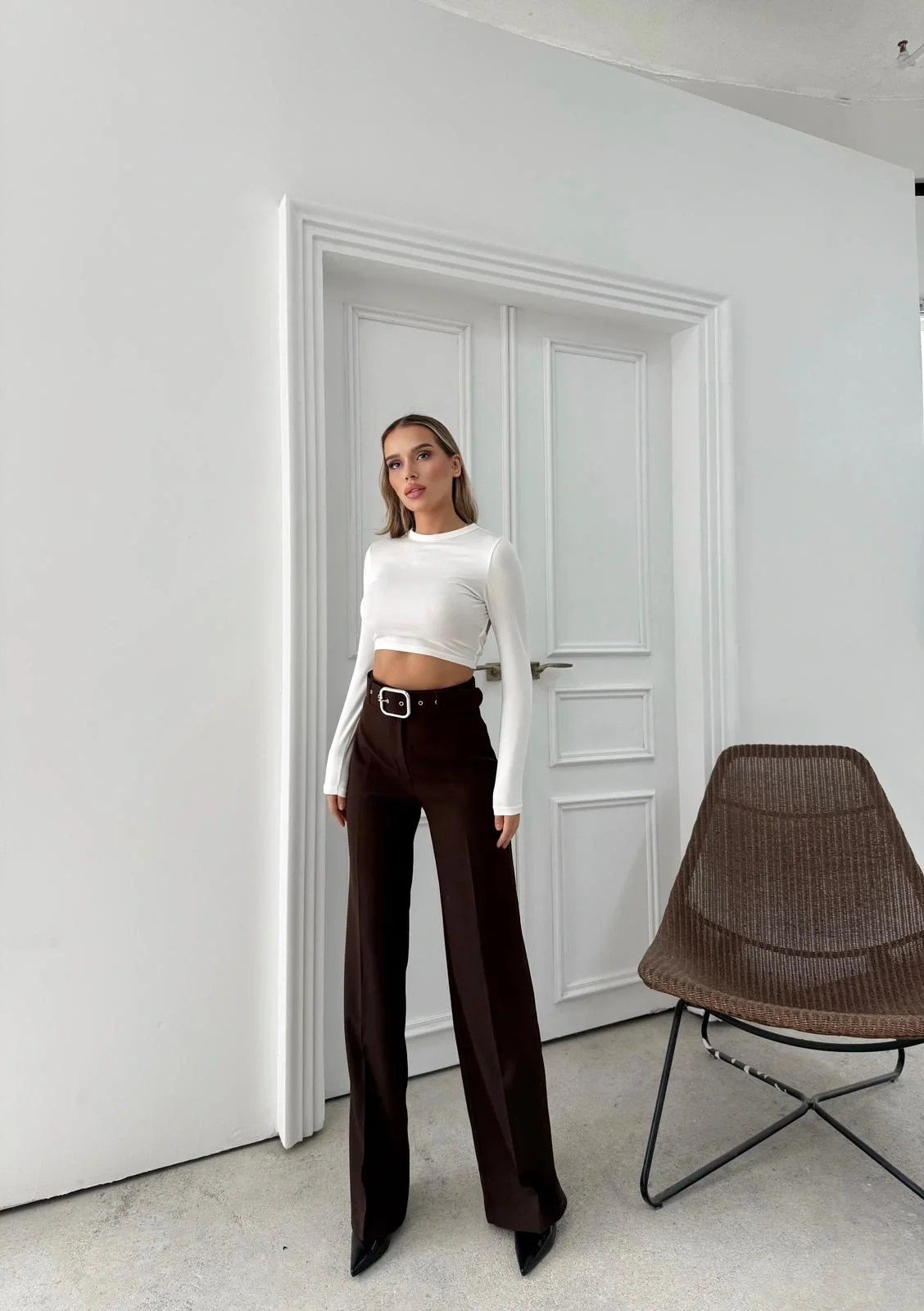 KEMERLİ YÜKSEK BEL İSPANYOL PAÇA DOUBLE KUMAŞ PANTOLON KAHVE