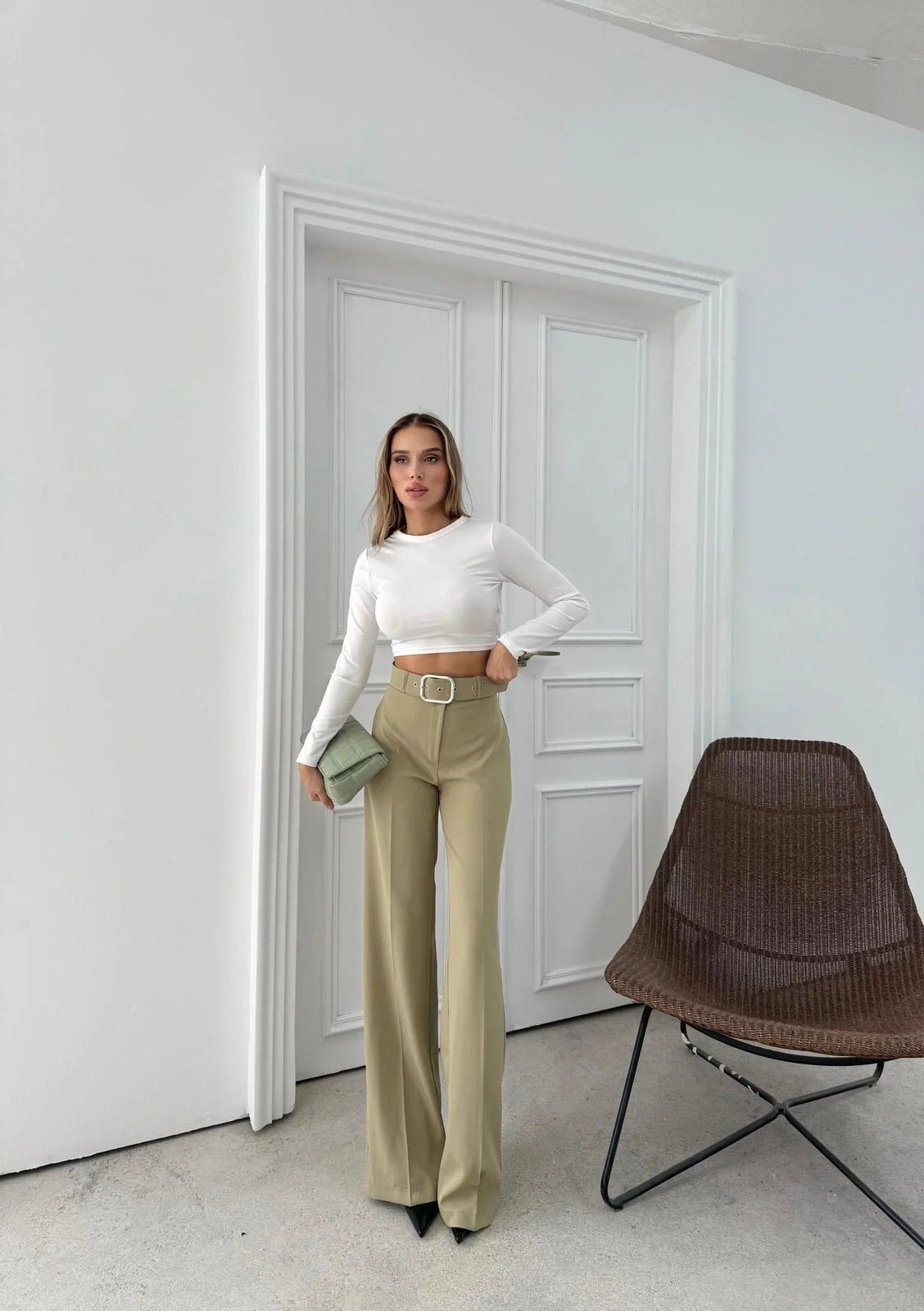 KEMERLİ YÜKSEK BEL İSPANYOL PAÇA DOUBLE KUMAŞ PANTOLON YEŞİL