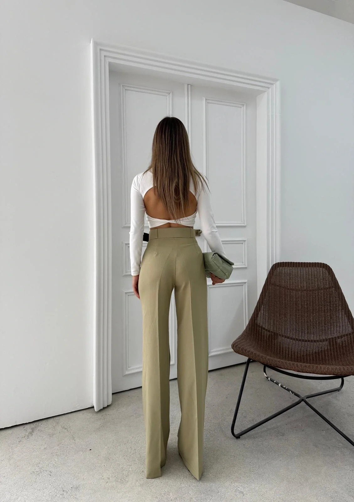 KEMERLİ YÜKSEK BEL İSPANYOL PAÇA DOUBLE KUMAŞ PANTOLON YEŞİL