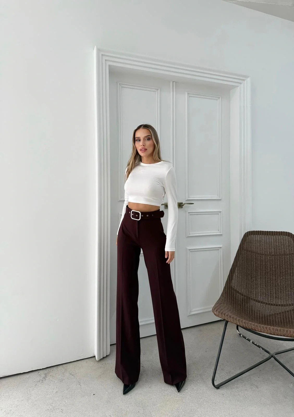 KEMERLİ YÜKSEK BEL İSPANYOL PAÇA DOUBLE KUMAŞ PANTOLON KAHVE