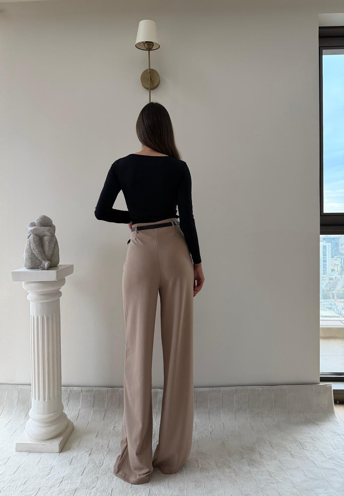 Kemerli Yüksek Bel Palazzo Crep Pantolon Bej