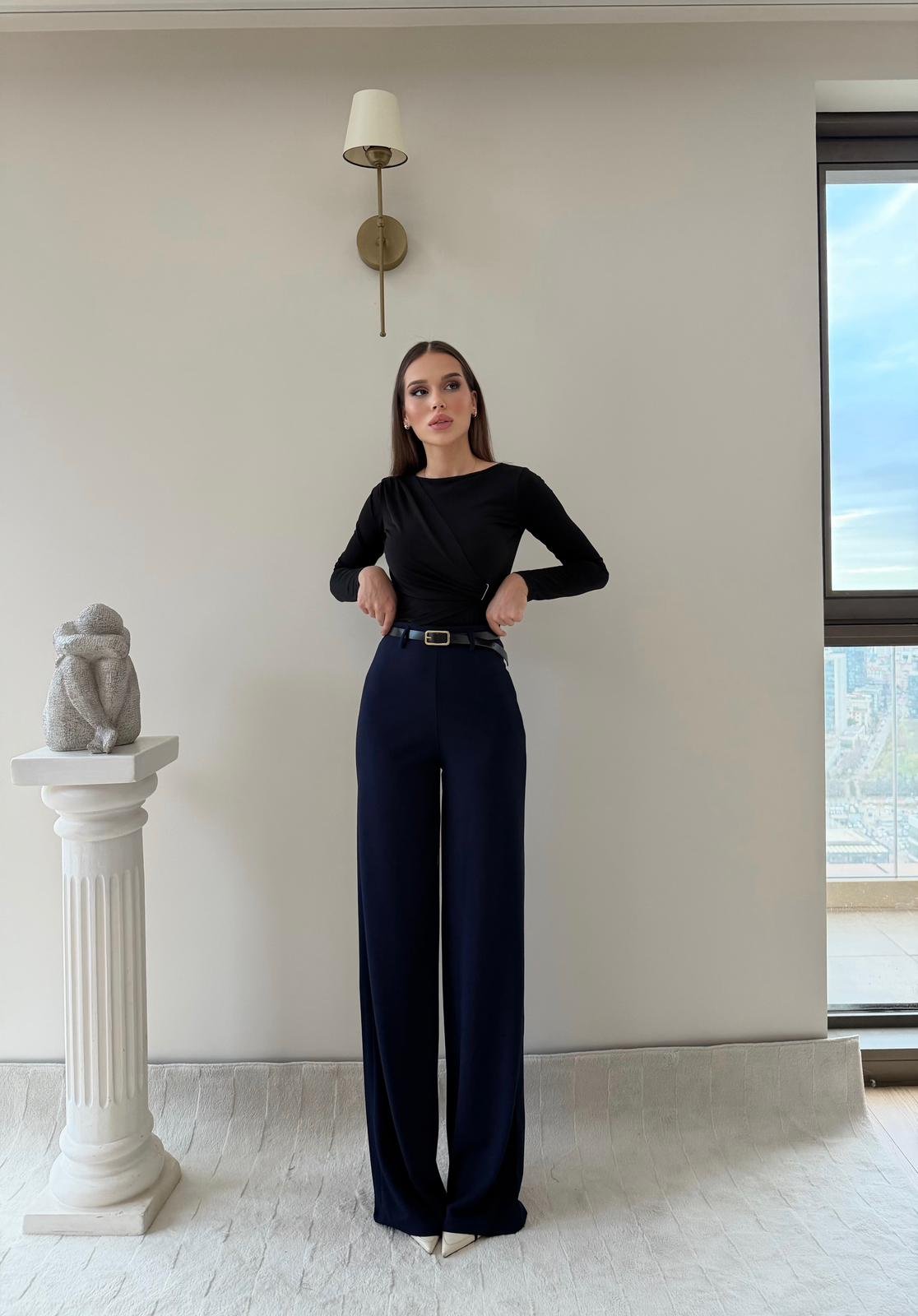 Kemerli Yüksek Bel Palazzo Crep Pantolon Lacivert