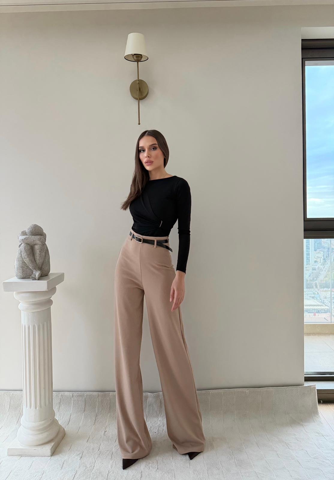 Kemerli Yüksek Bel Palazzo Crep Pantolon Bej