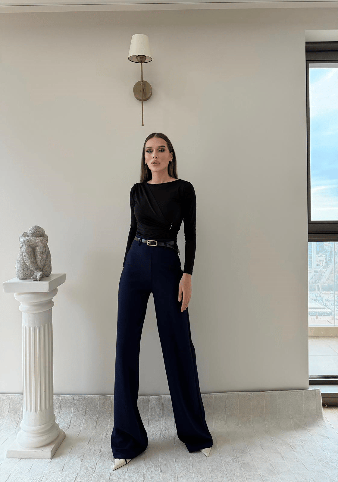 Kemerli Yüksek Bel Palazzo Crep Pantolon Lacivert