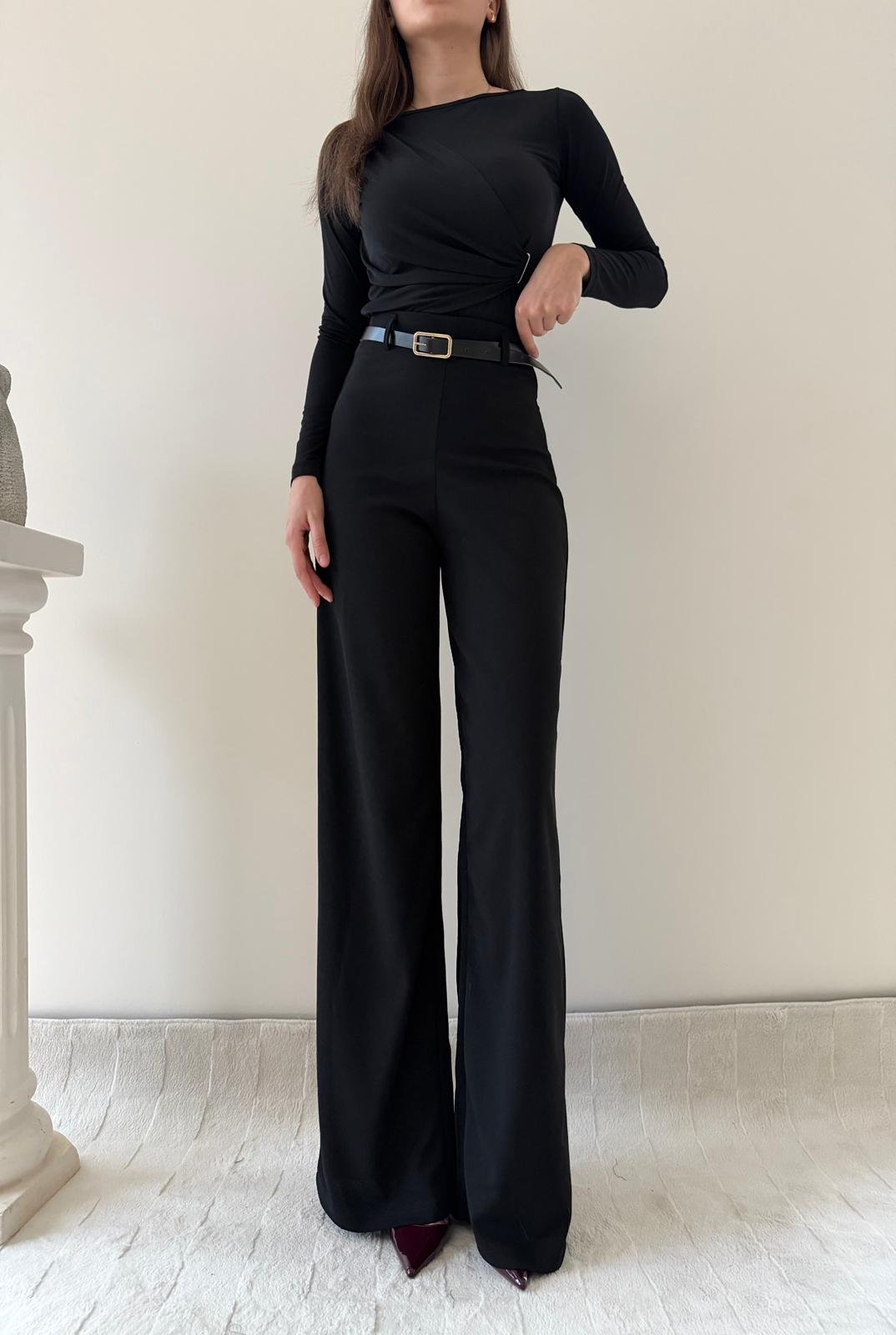 Kemerli Yüksek Bel Palazzo Crep Pantolon Siyah