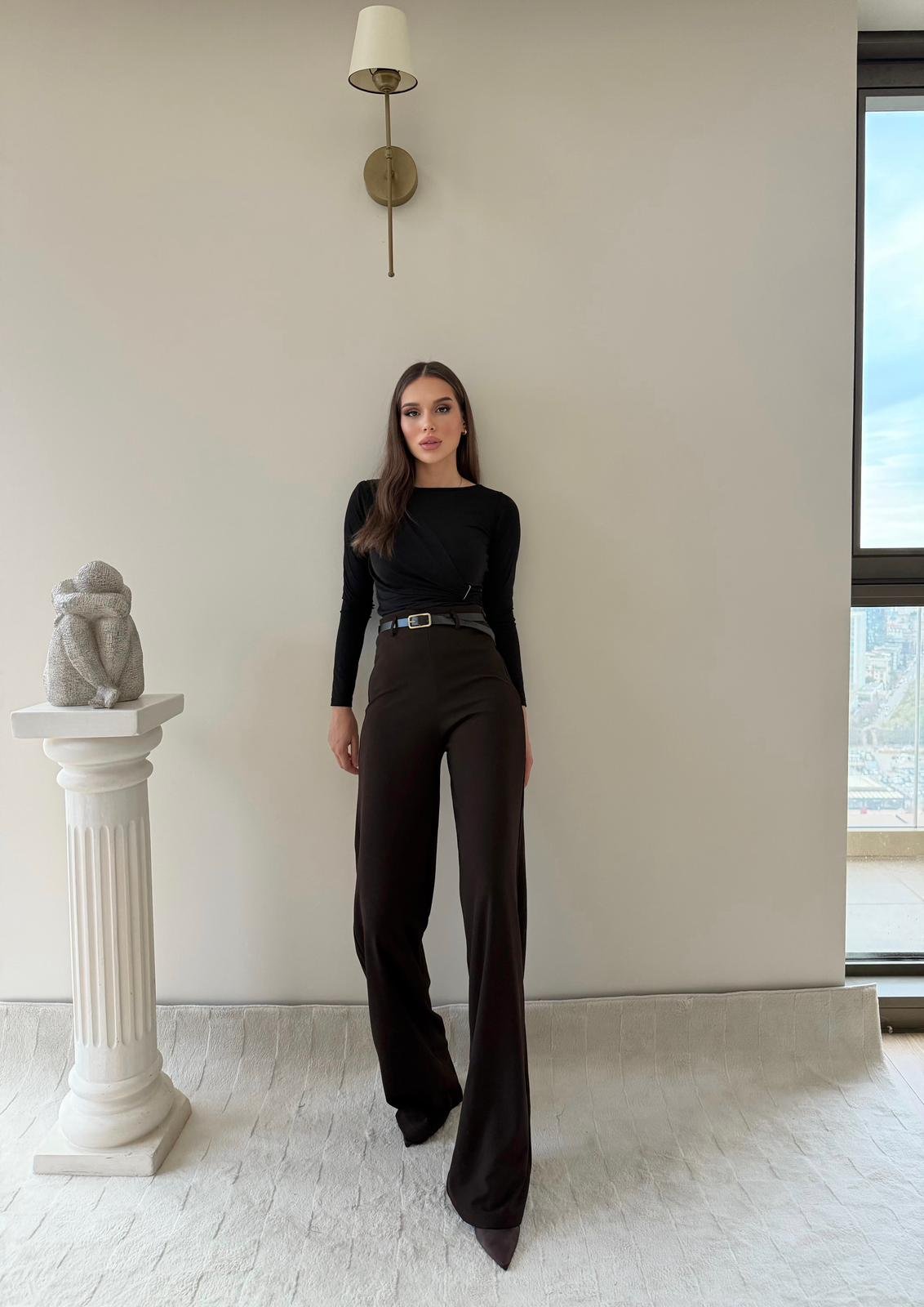 Kemerli Yüksek Bel Palazzo Crep Pantolon Kahverengi