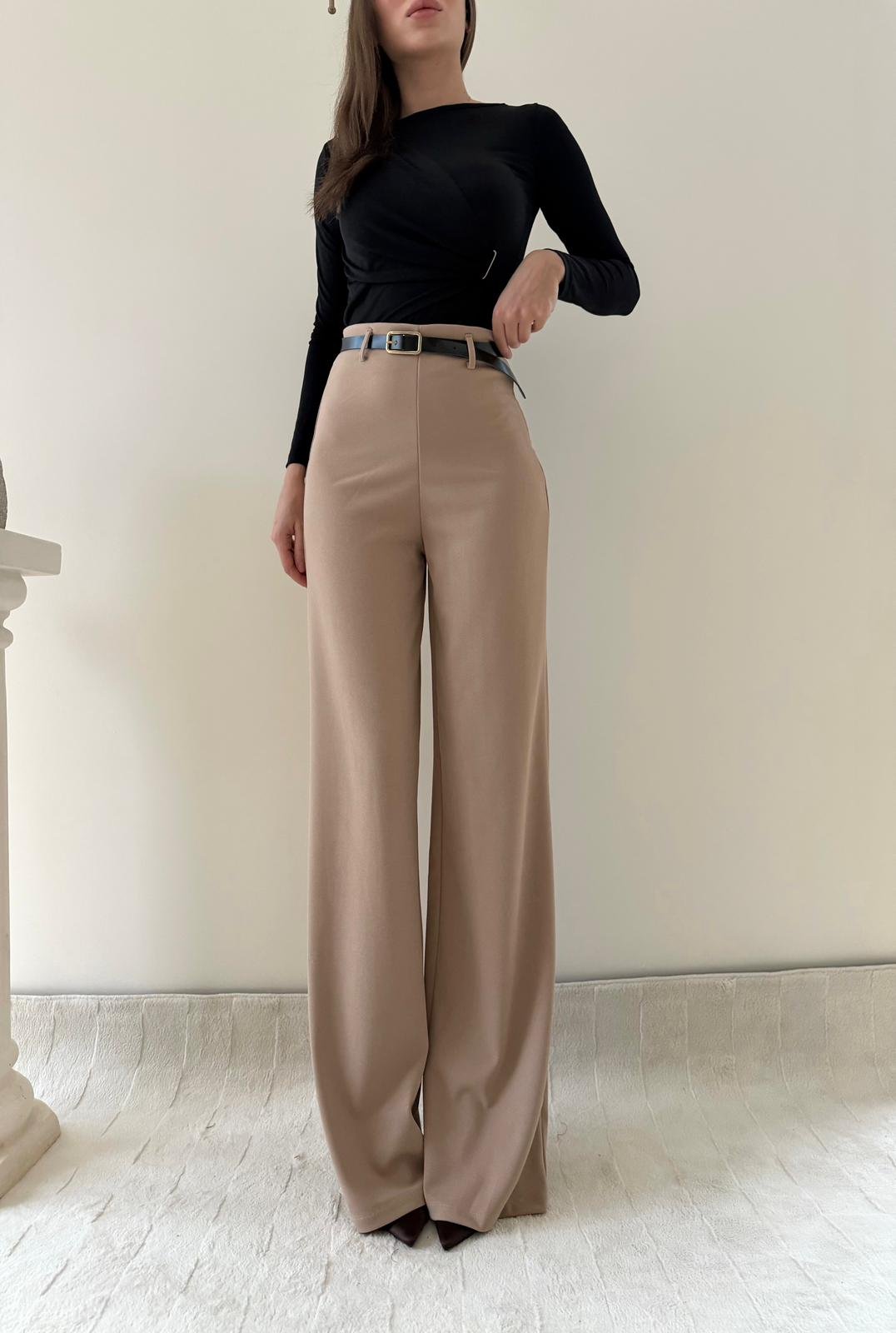 Kemerli Yüksek Bel Palazzo Crep Pantolon Bej