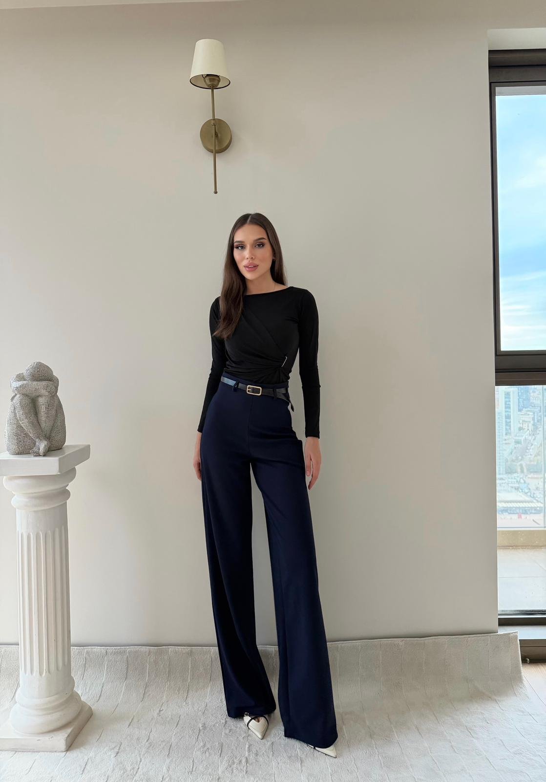 Kemerli Yüksek Bel Palazzo Crep Pantolon Lacivert