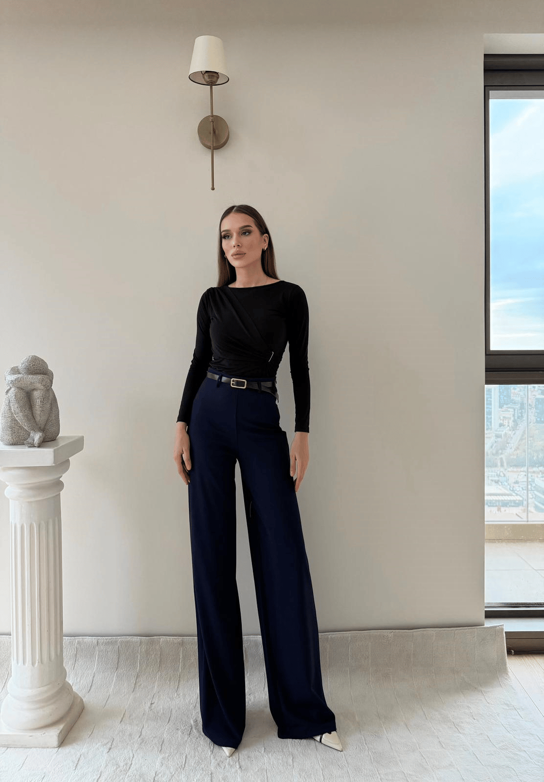 Kemerli Yüksek Bel Palazzo Crep Pantolon Lacivert