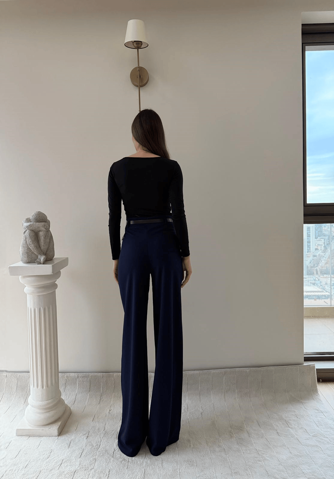 Kemerli Yüksek Bel Palazzo Crep Pantolon Lacivert