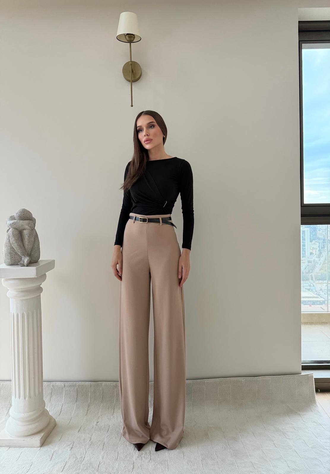 Kemerli Yüksek Bel Palazzo Crep Pantolon Bej