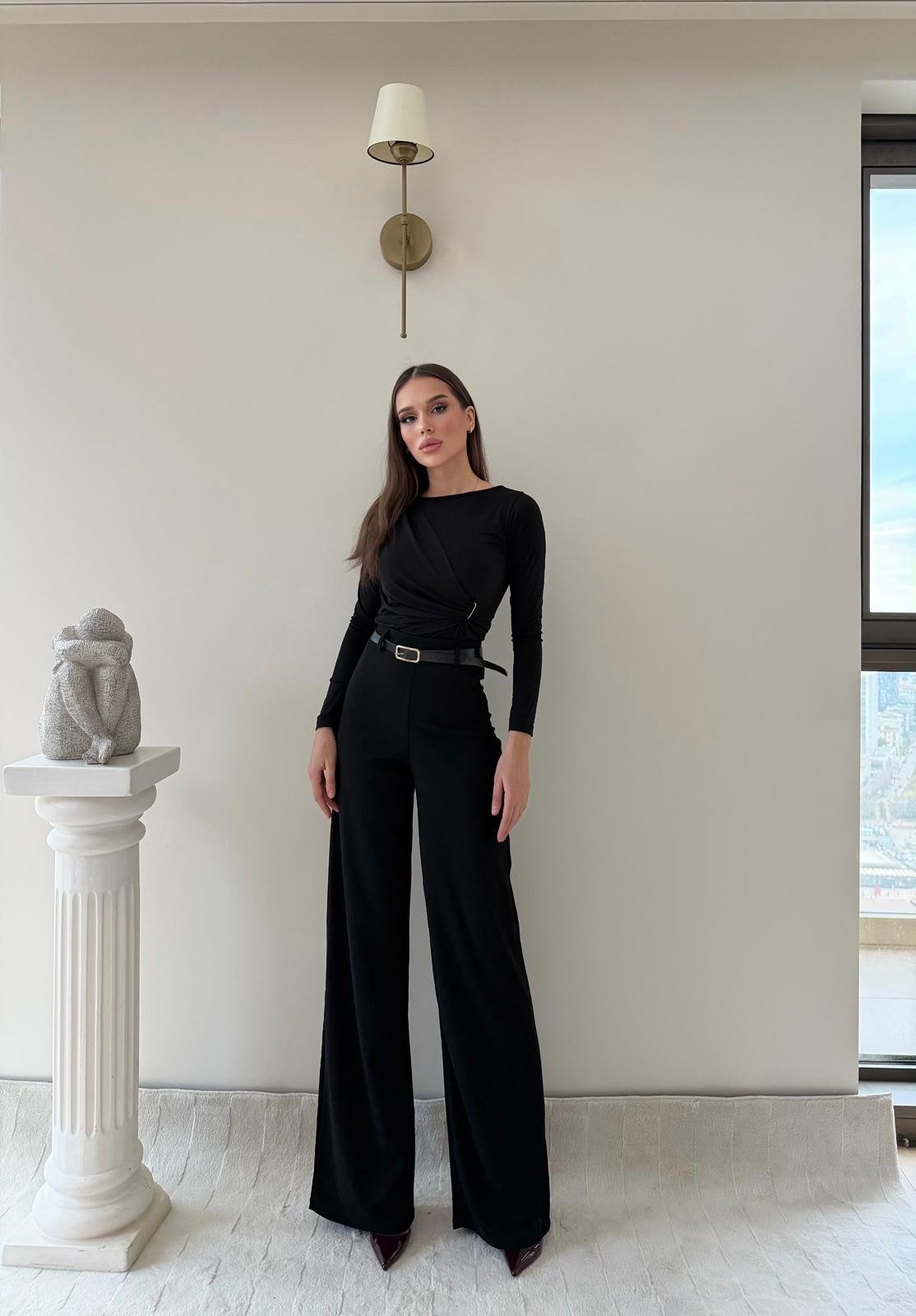 Kemerli Yüksek Bel Palazzo Crep Pantolon Siyah