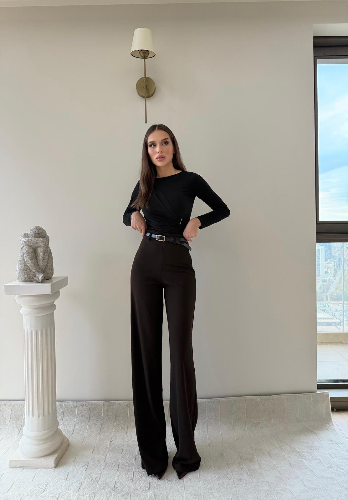 Kemerli Yüksek Bel Palazzo Crep Pantolon Kahverengi