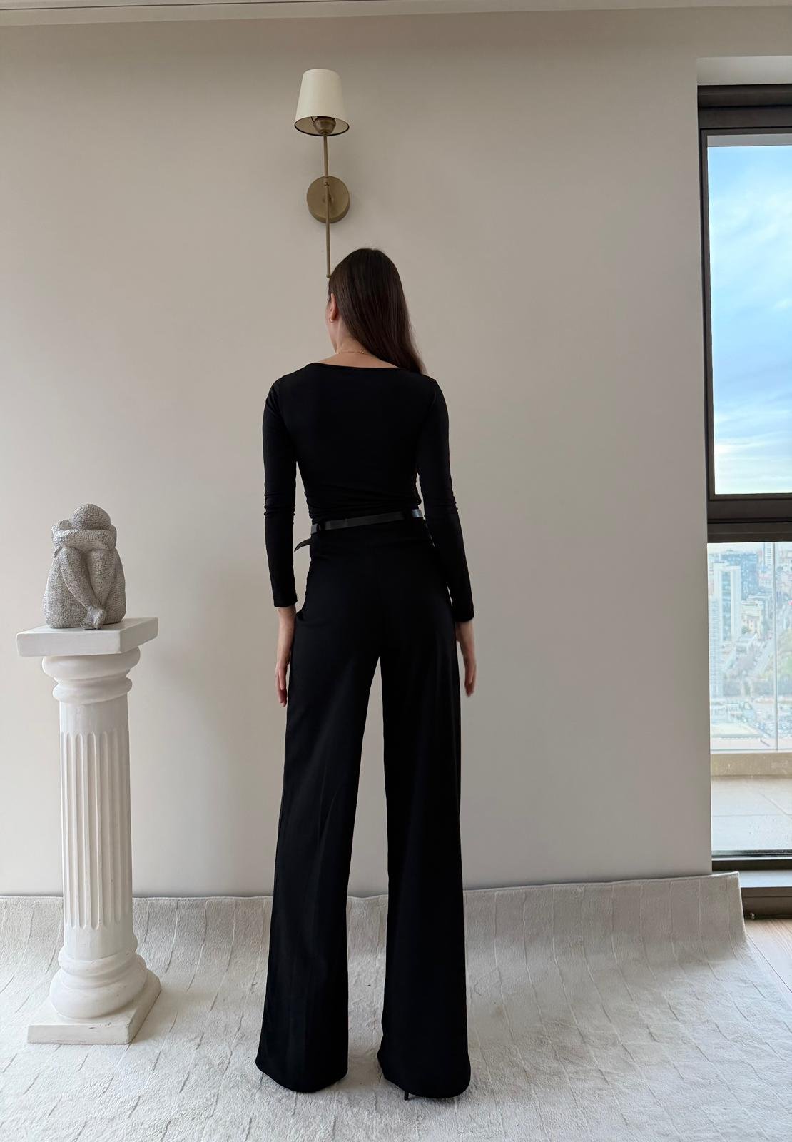 Kemerli Yüksek Bel Palazzo Crep Pantolon Siyah