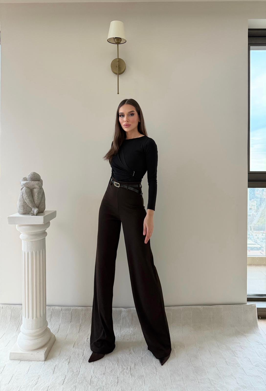 Kemerli Yüksek Bel Palazzo Crep Pantolon Kahverengi