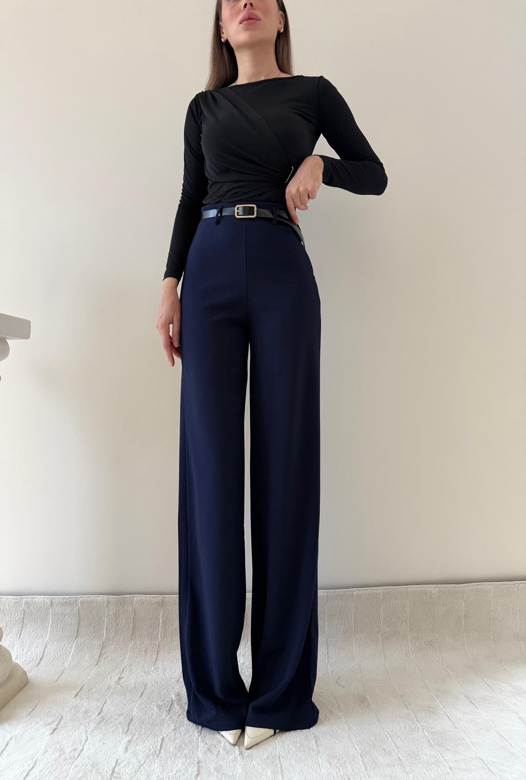Kemerli Yüksek Bel Palazzo Crep Pantolon Lacivert