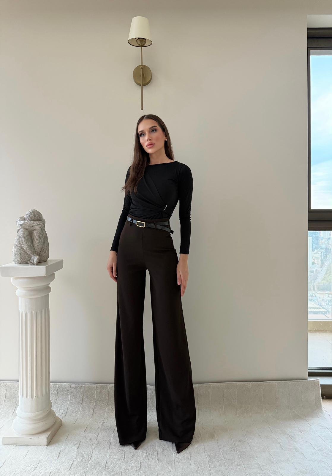 Kemerli Yüksek Bel Palazzo Crep Pantolon Kahverengi