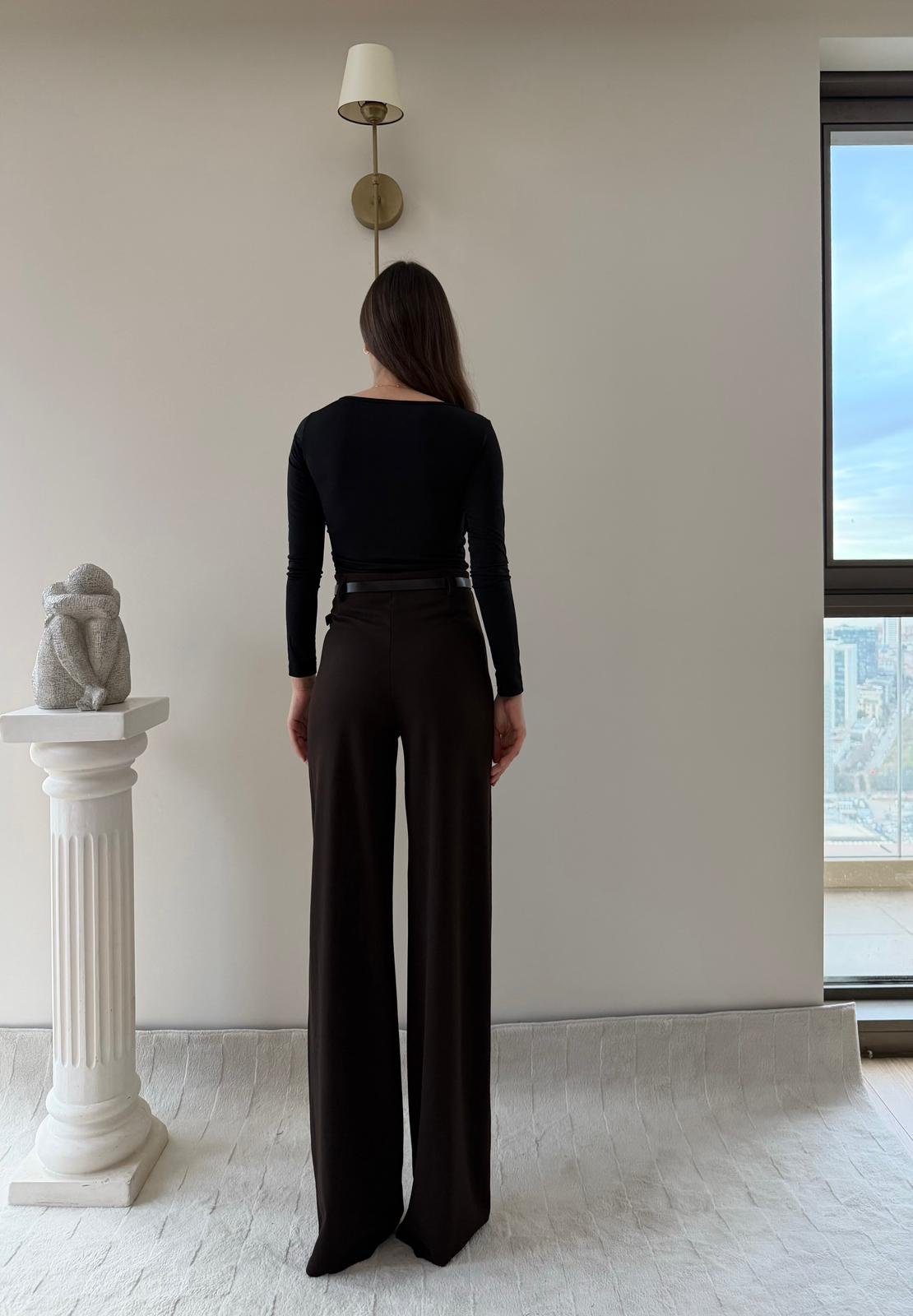 Kemerli Yüksek Bel Palazzo Crep Pantolon Kahverengi