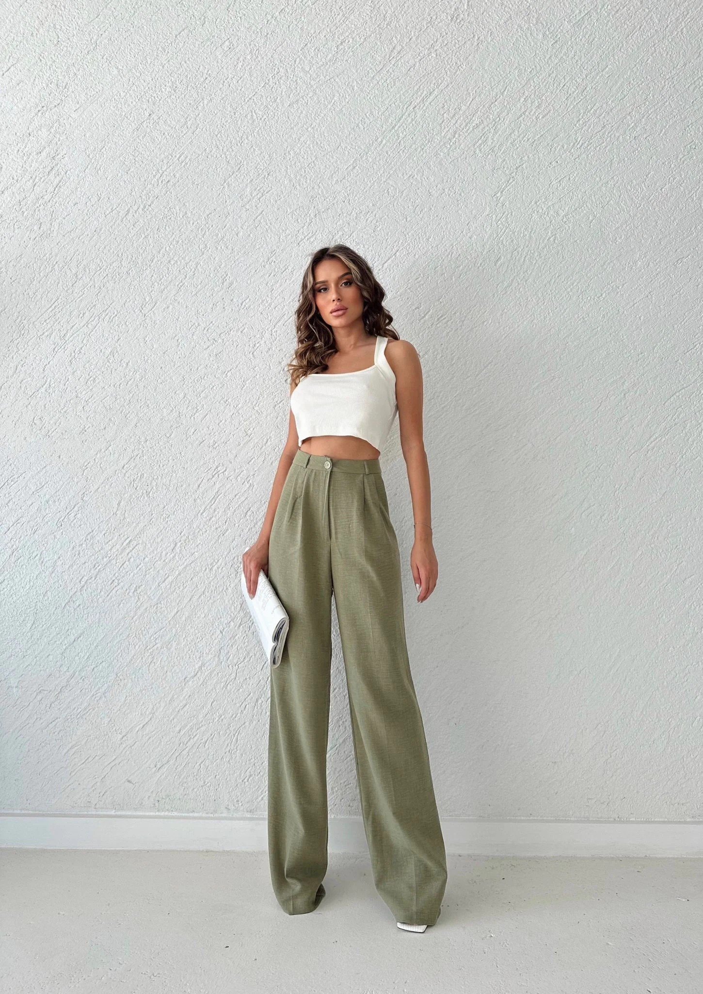 KETEN BEL LASTİKLİ TEK DÜĞME DETAY PALAZZO PANTOLON HAKİ