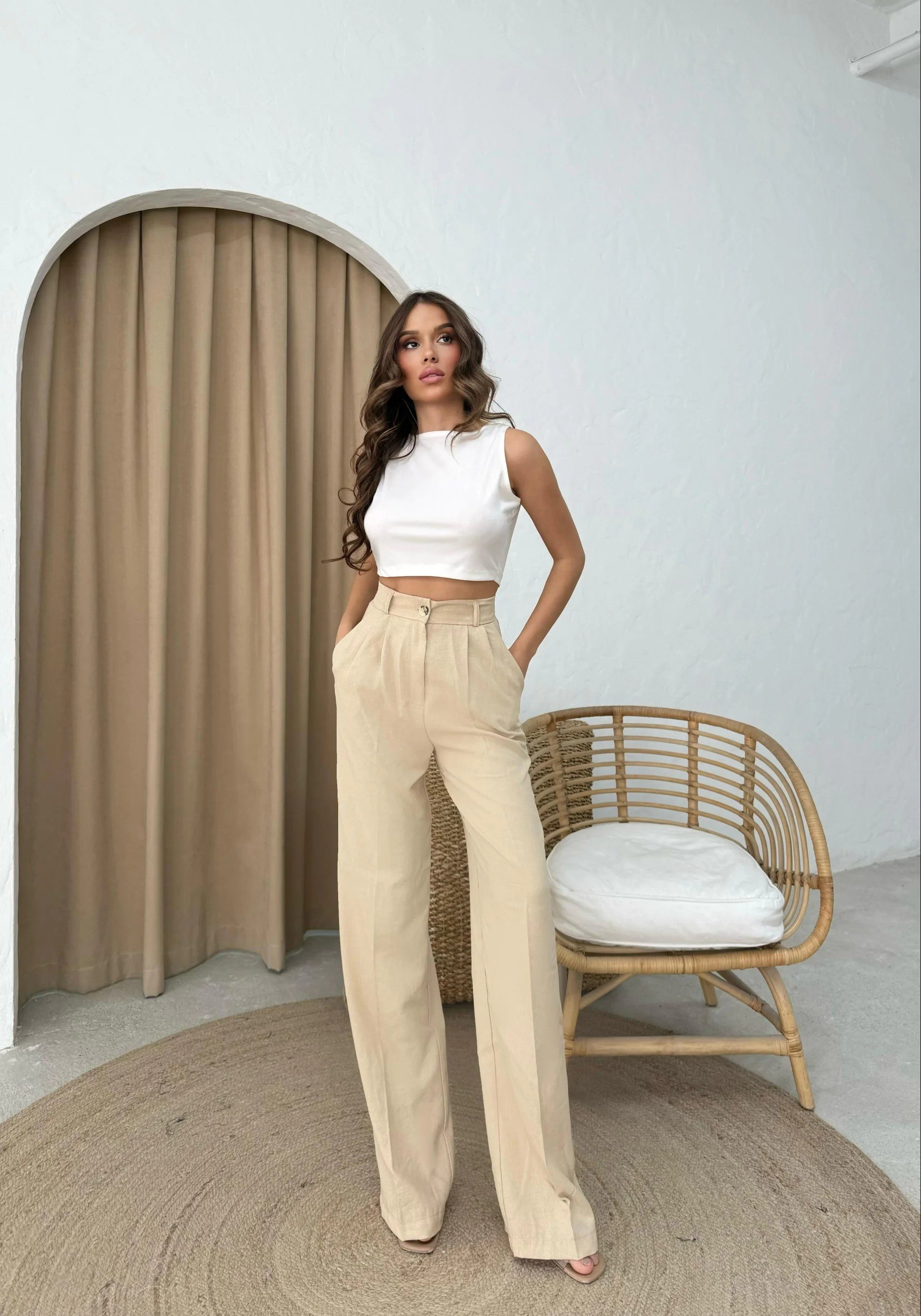 KETEN BEL LASTİKLİ TEK DÜĞME DETAY PALAZZO PANTOLON BEJ