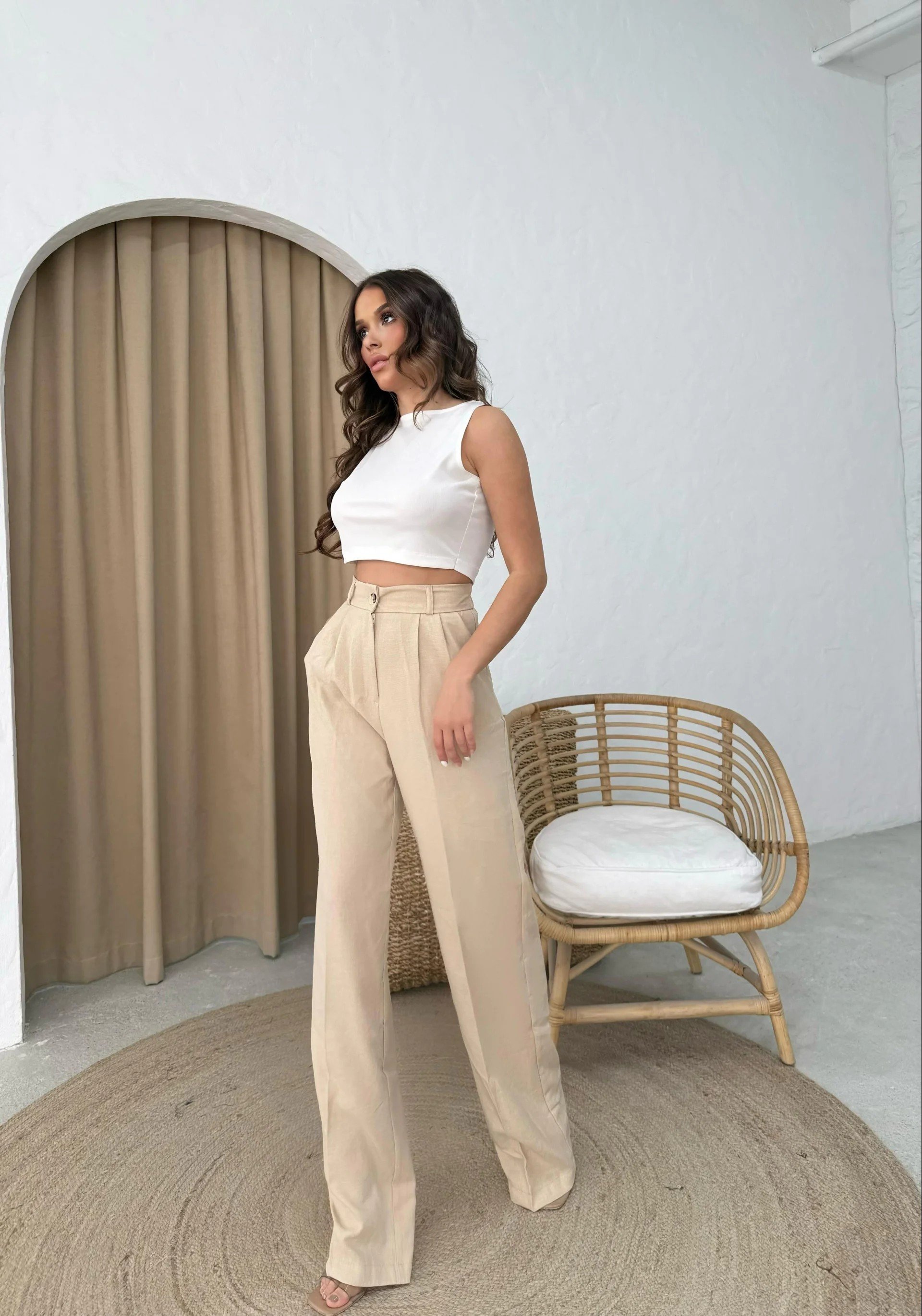 KETEN BEL LASTİKLİ TEK DÜĞME DETAY PALAZZO PANTOLON BEJ