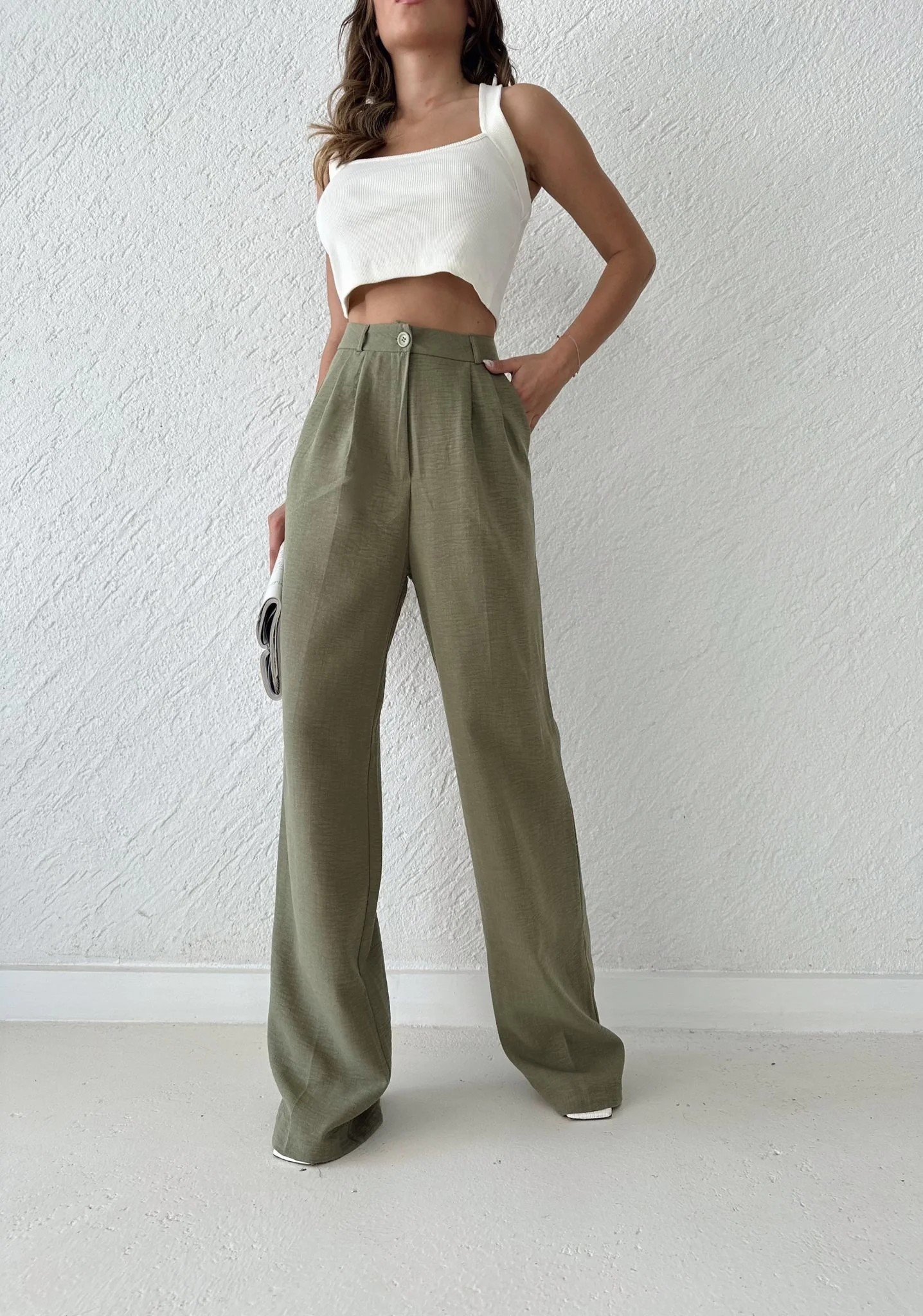 KETEN BEL LASTİKLİ TEK DÜĞME DETAY PALAZZO PANTOLON HAKİ