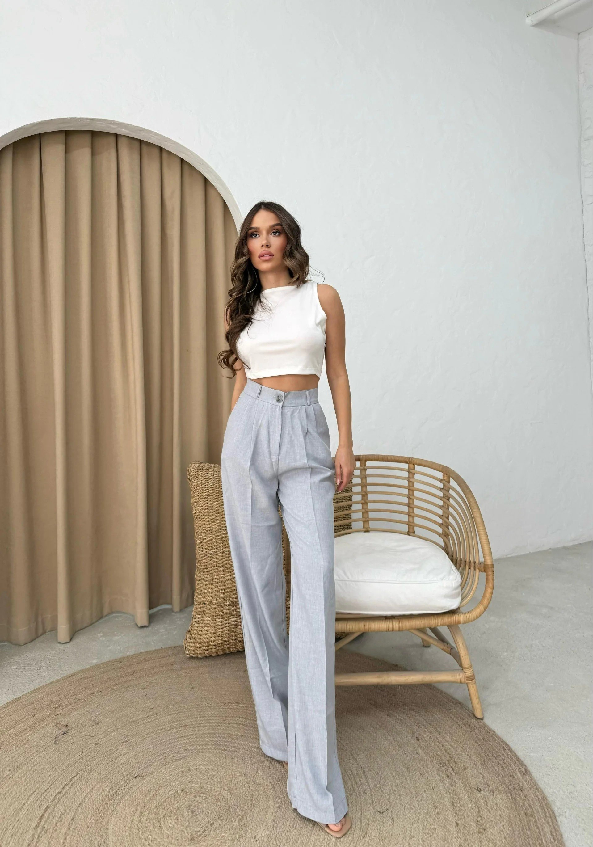 KETEN BEL LASTİKLİ TEK DÜĞME DETAY PALAZZO PANTOLON GRİ