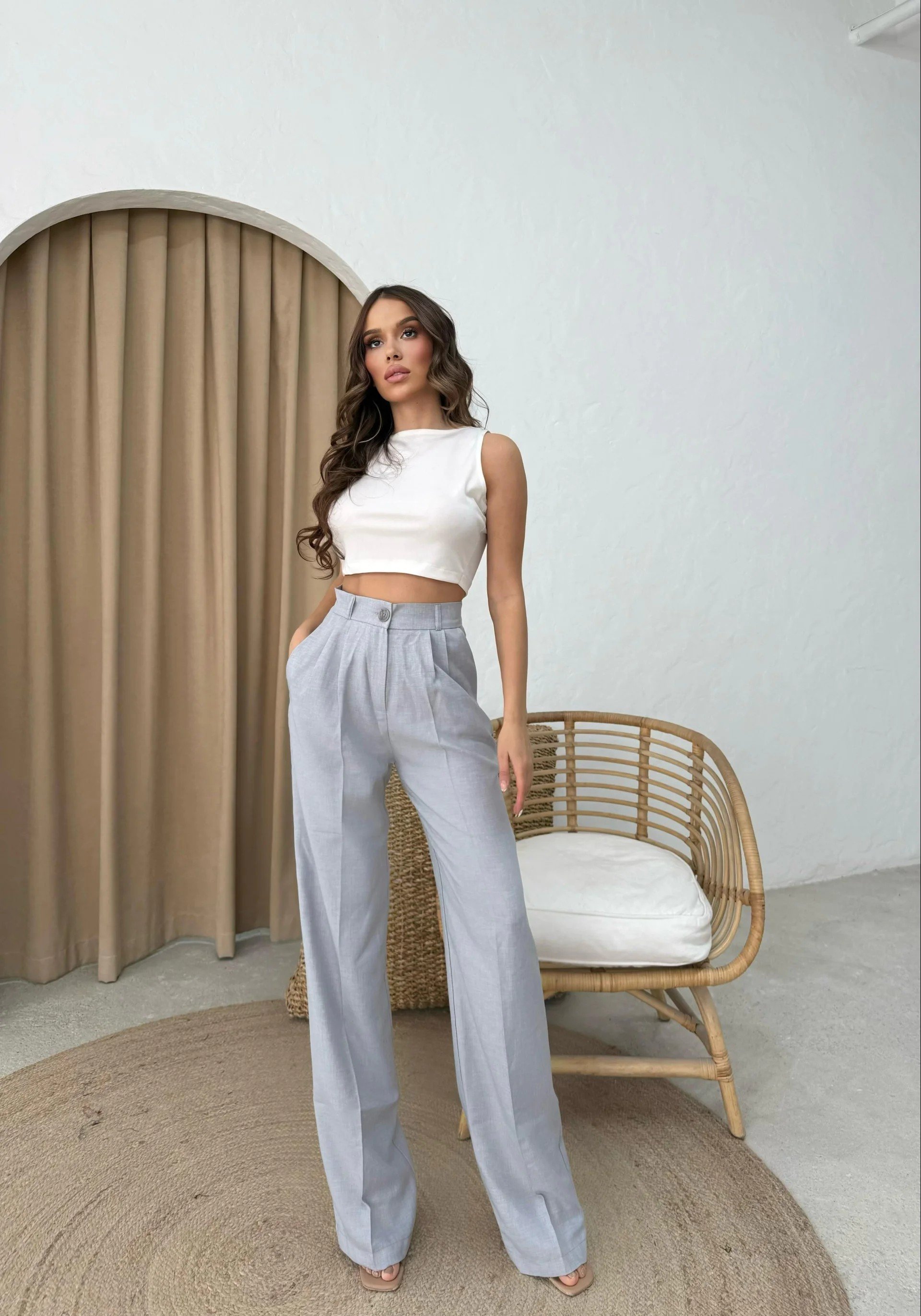 KETEN BEL LASTİKLİ TEK DÜĞME DETAY PALAZZO PANTOLON GRİ