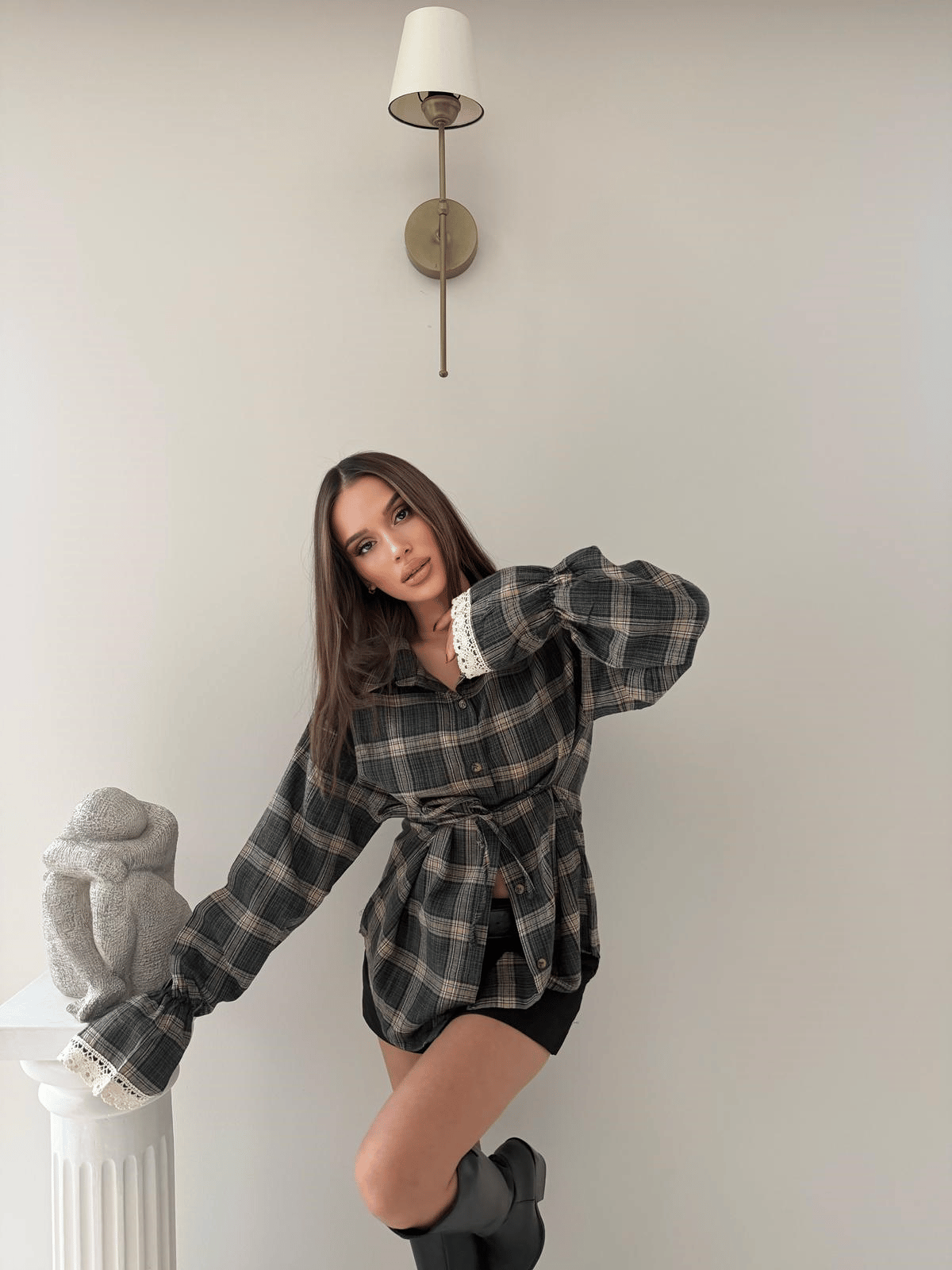 Kol Dantel Detay Sırt Bağlamalı Ekoseden Gömlek Yeşil