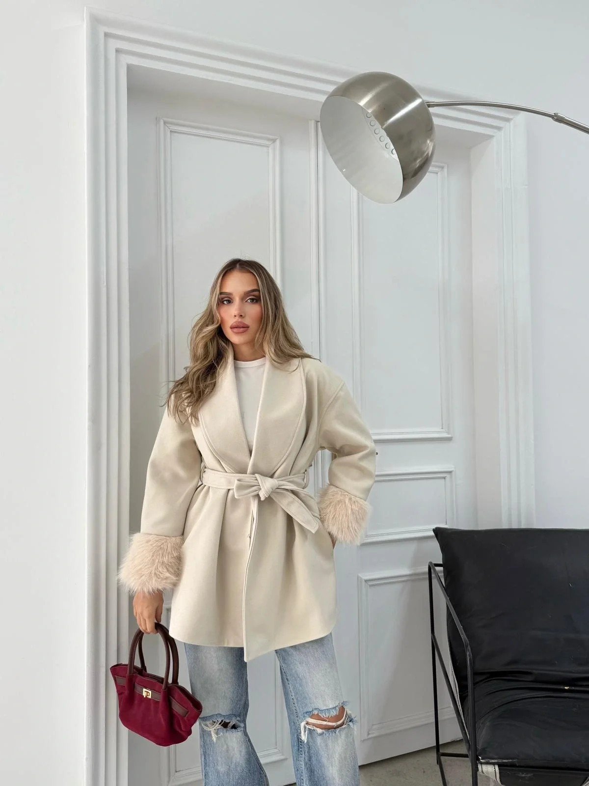 KOL KÜRK DETAY BEL KUŞAKLI KAŞE KABAN KREM