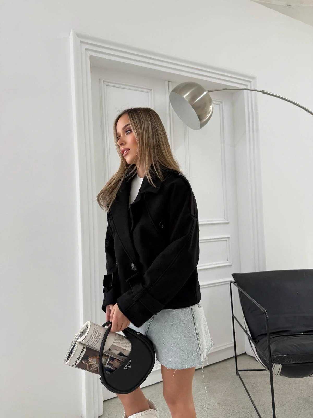 KRUVAZE YAKA KOL KEMER DETAY İÇ ASTARLI KAŞE KABAN SİYAH 2030