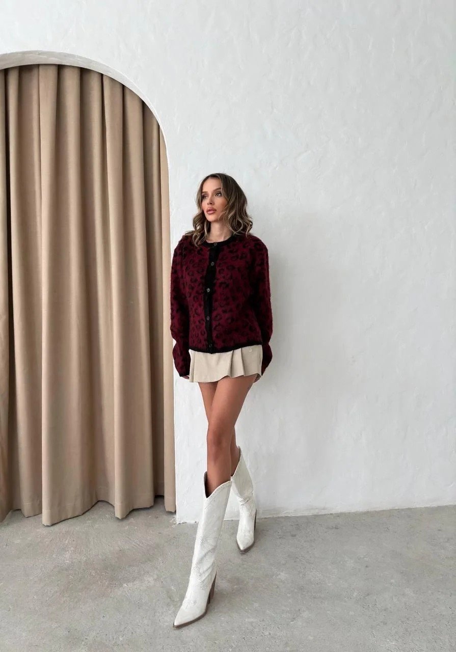 LEOPAR DESEN TRİKO HIRKA BORDO