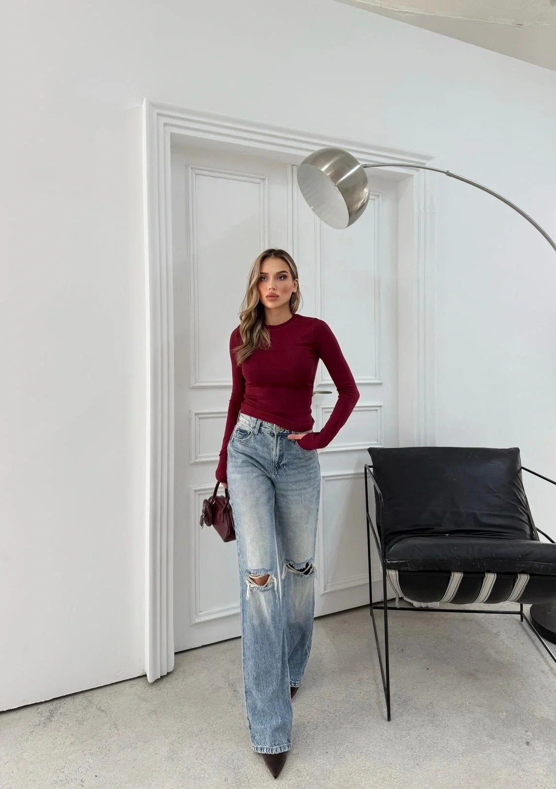 MODAL KUMAŞ PARMAK GEÇMELİ BASİC BLUZ BORDO