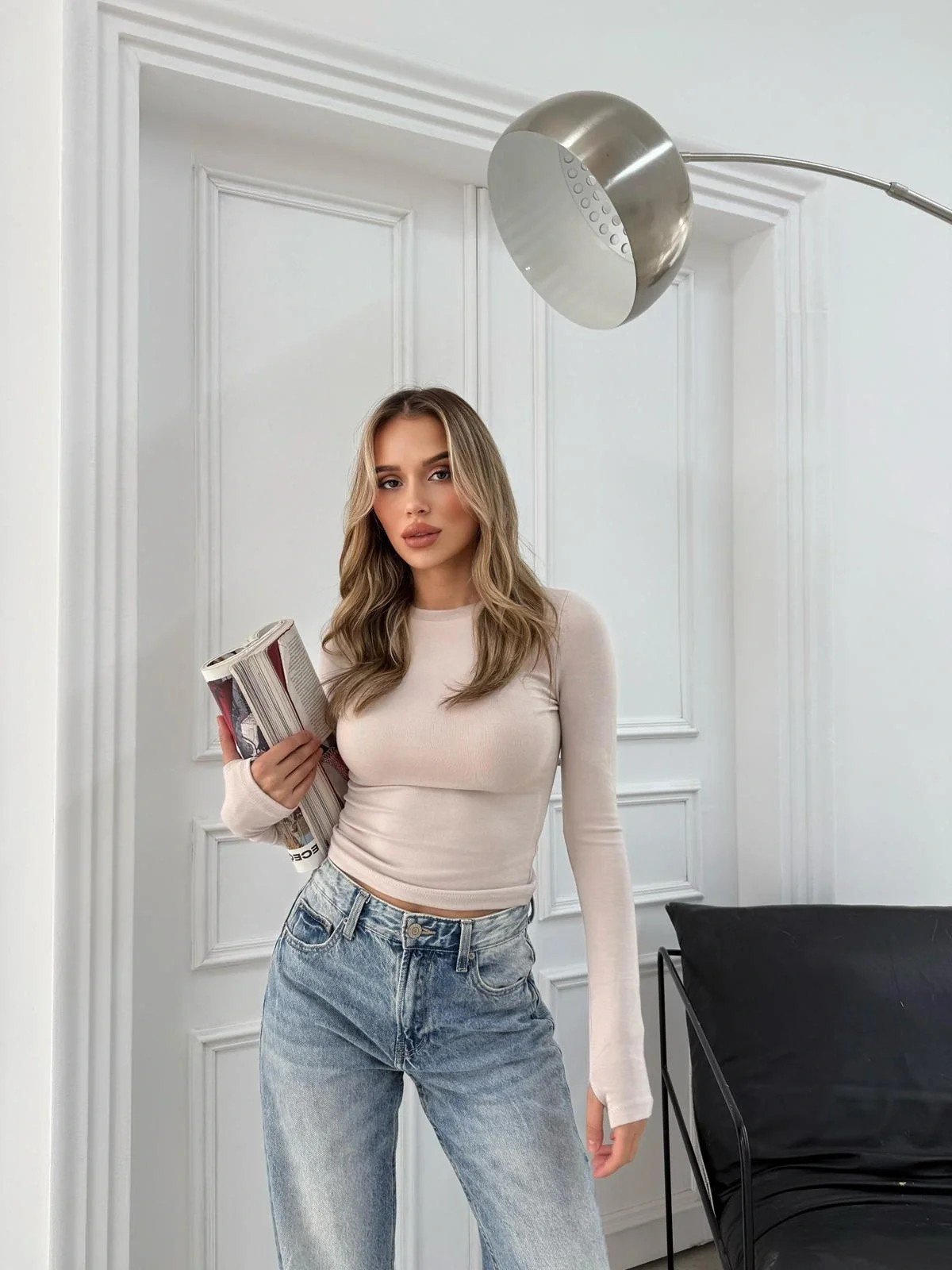 MODAL KUMAŞ PARMAK GEÇMELİ BASİC BLUZ KREM