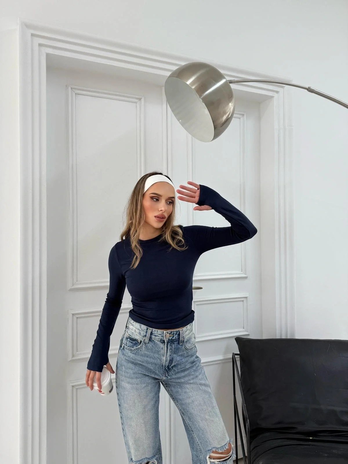 MODAL KUMAŞ PARMAK GEÇMELİ BASİC BLUZ LACİVERT