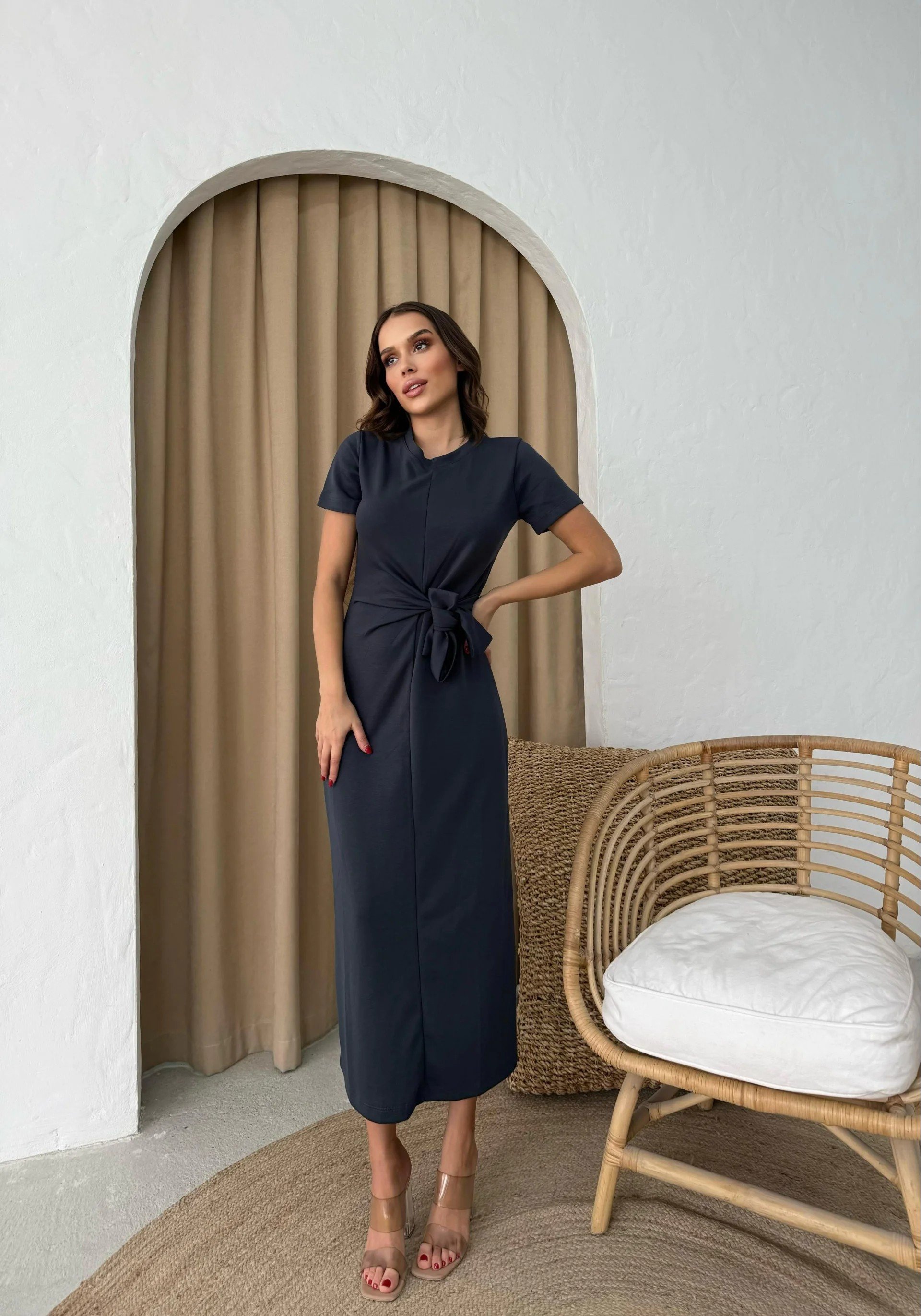 MODAL KUMAŞ YAN BAĞLAMA DETAY UZUN ELBİSE ANTRASİT