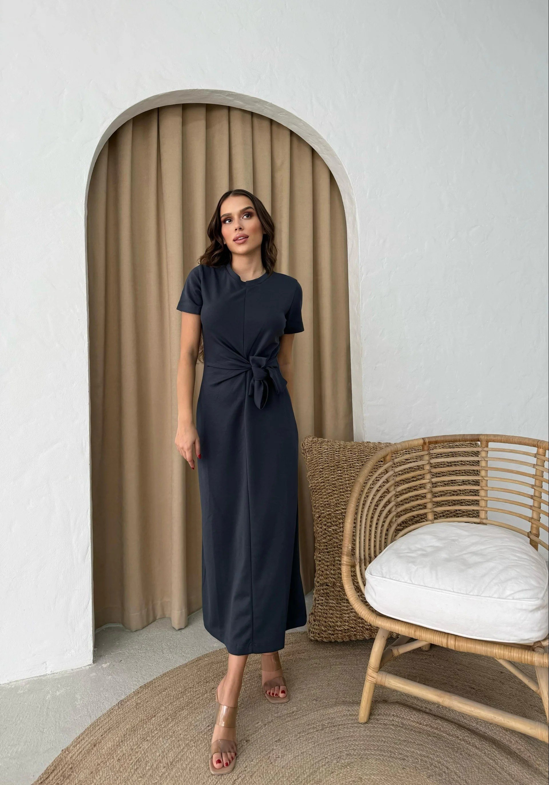 MODAL KUMAŞ YAN BAĞLAMA DETAY UZUN ELBİSE ANTRASİT