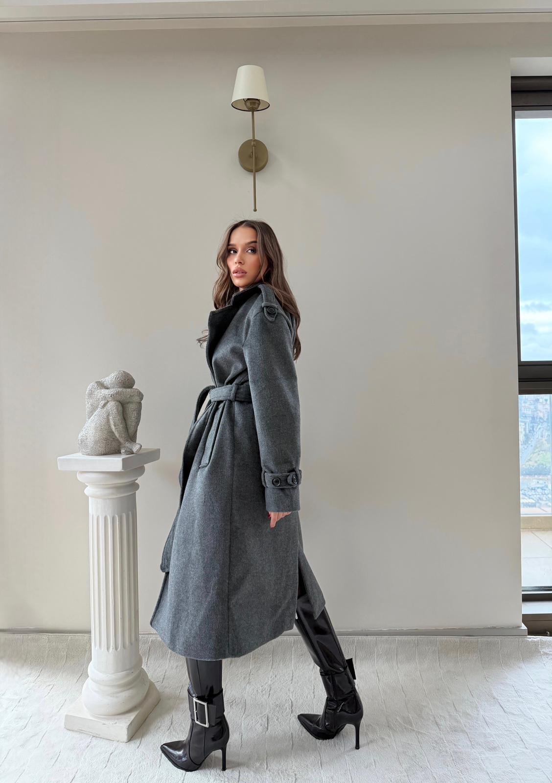 OMUZ VE KOL APOLET DETAY BEL KUŞAKLI ASTARLI KAŞE KABAN ANTRASİT