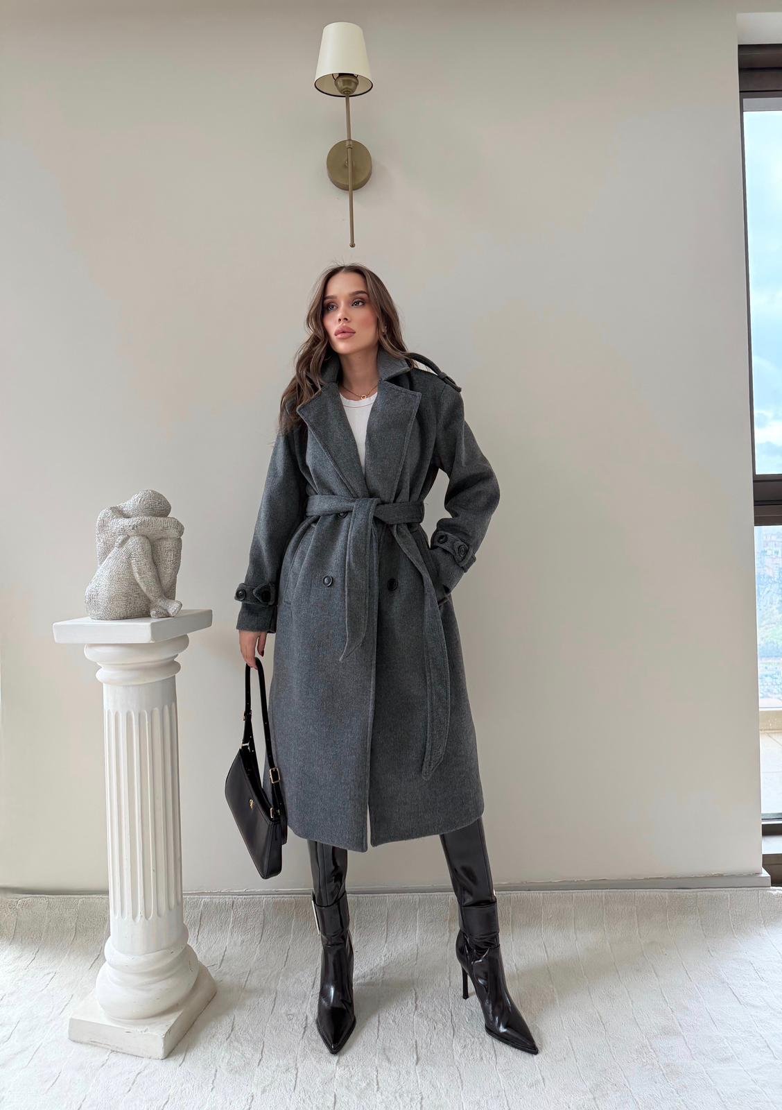 OMUZ VE KOL APOLET DETAY BEL KUŞAKLI ASTARLI KAŞE KABAN ANTRASİT